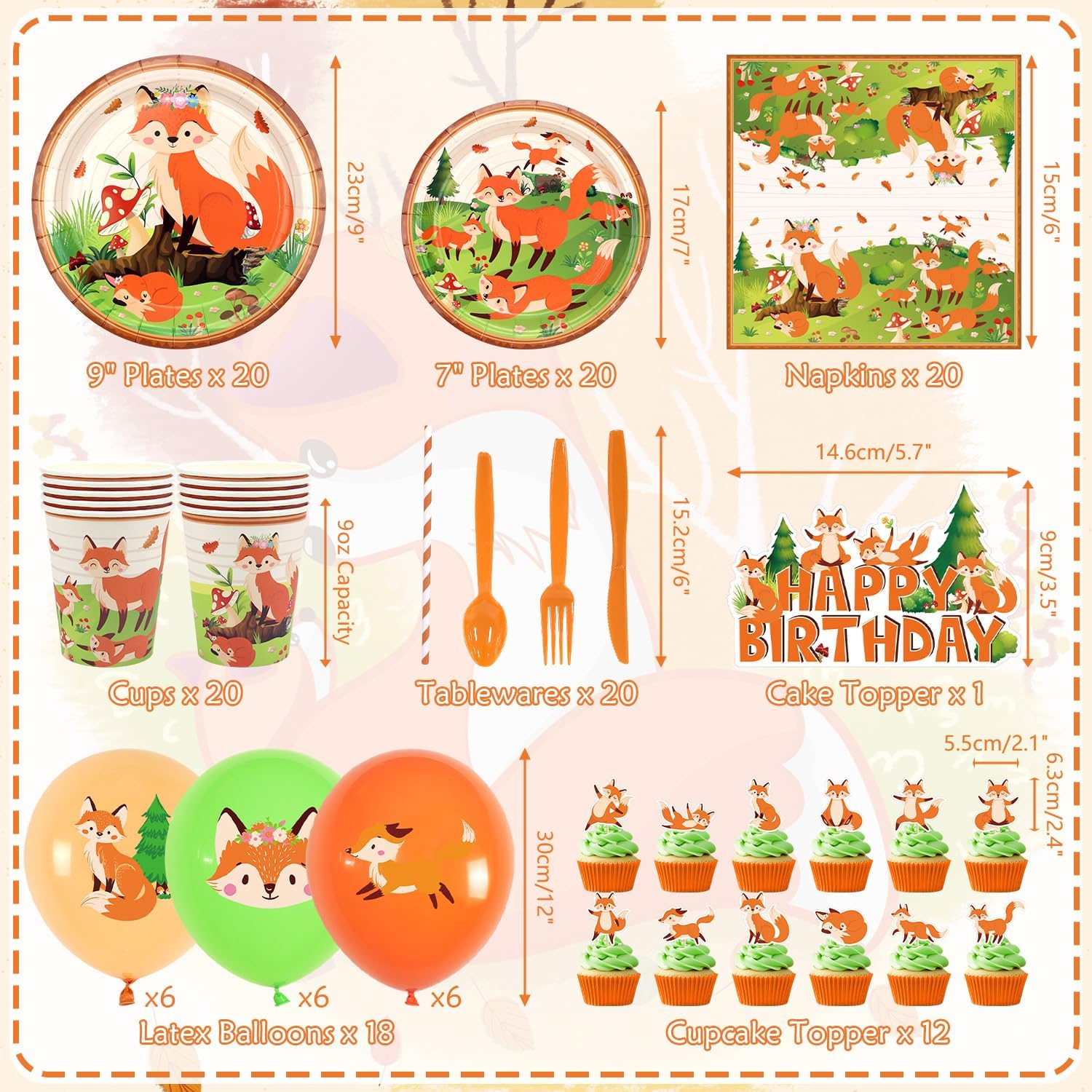 Fox Birthday Party Supplies, Includes Banners, Plates, Cupcake Toppers, Napkins, Cups, Tablecloths, for Girl Boy Fox Theme Baby Shower Birthday Party Decorations Serves 20