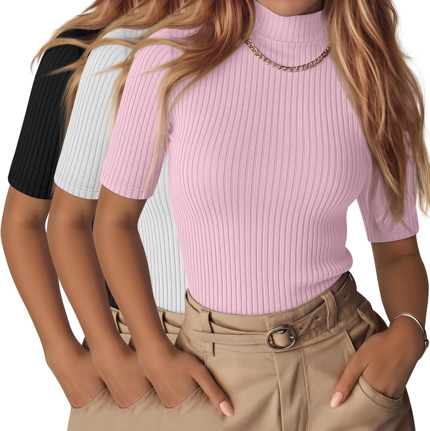 Neer 3 Pack Women's Half Sleeve T-Shirts, Mock Turtleneck Elbow Length Tee Ribbed Slim Fit Casual Summer Tunic Tops