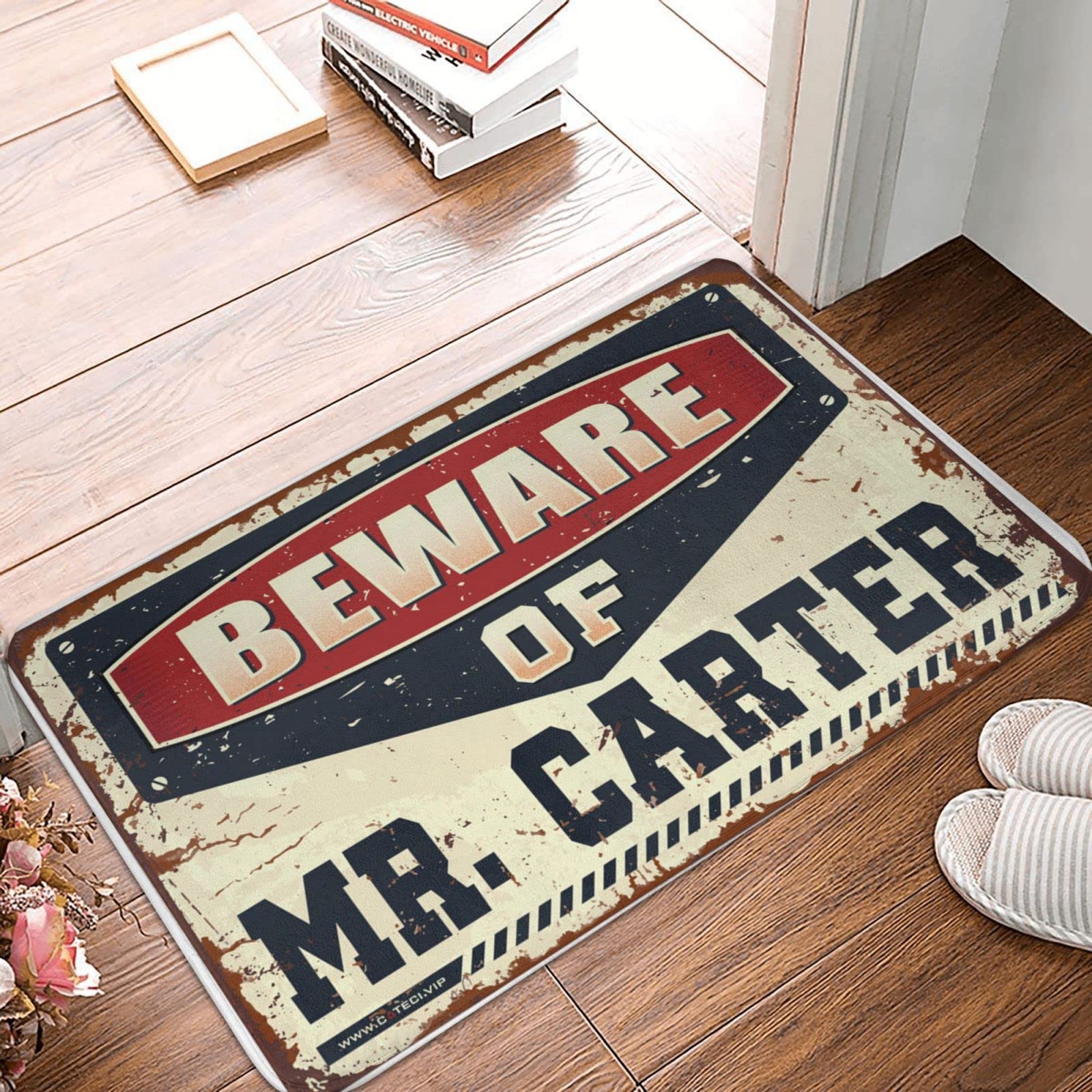 Felpudo grande con texto en inglés "Beware of Mr. Carter", tapete divertido para puerta delantera (65 x 90 cm)