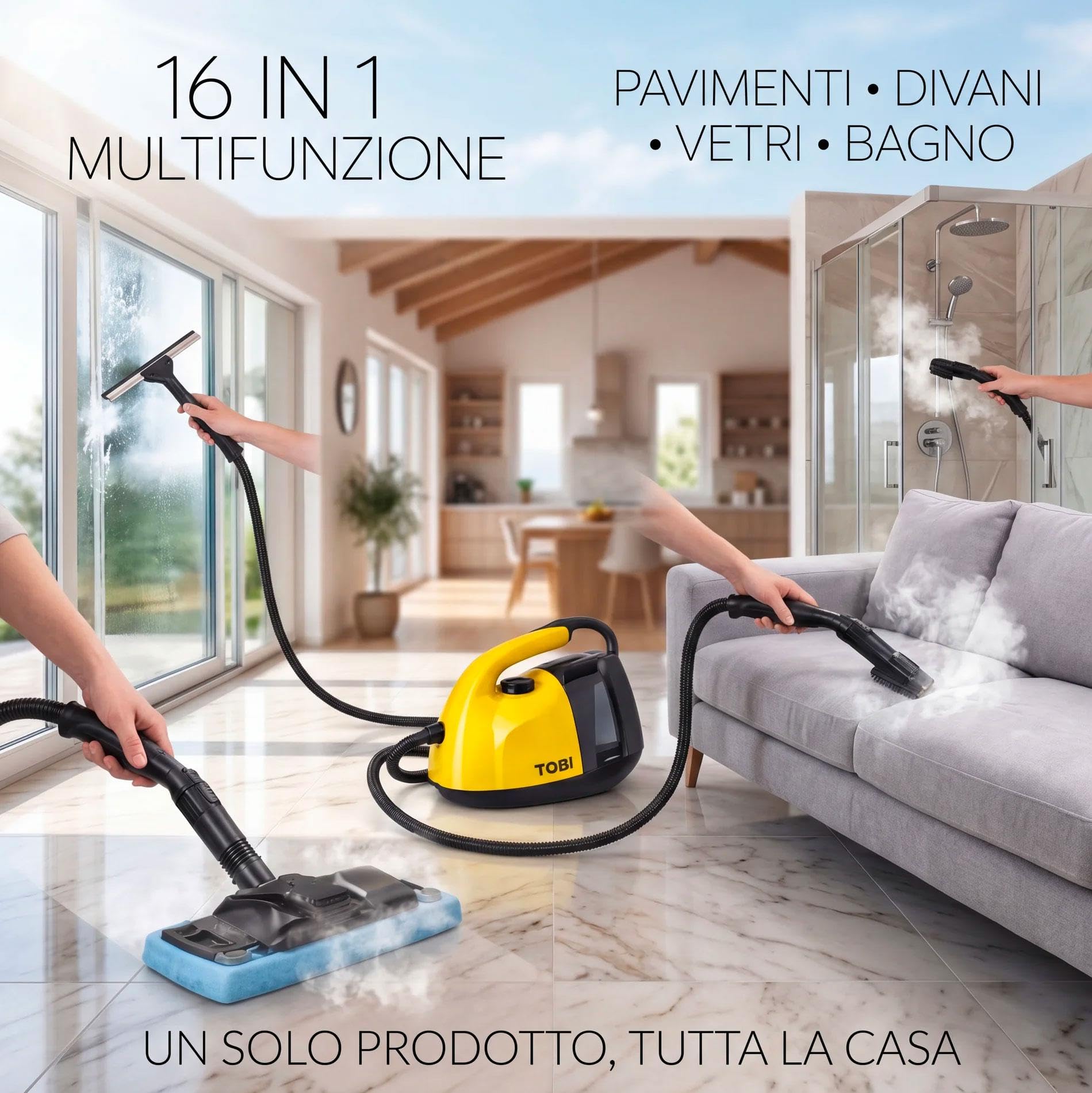 081 Store - Pulitore a Vapore 1800W 16 Accessori Multifunzione per Casa – Pulizia Profonda Senza Prodotti Chimici per Divani, Materassi, Vetri, Bagno e Cucina