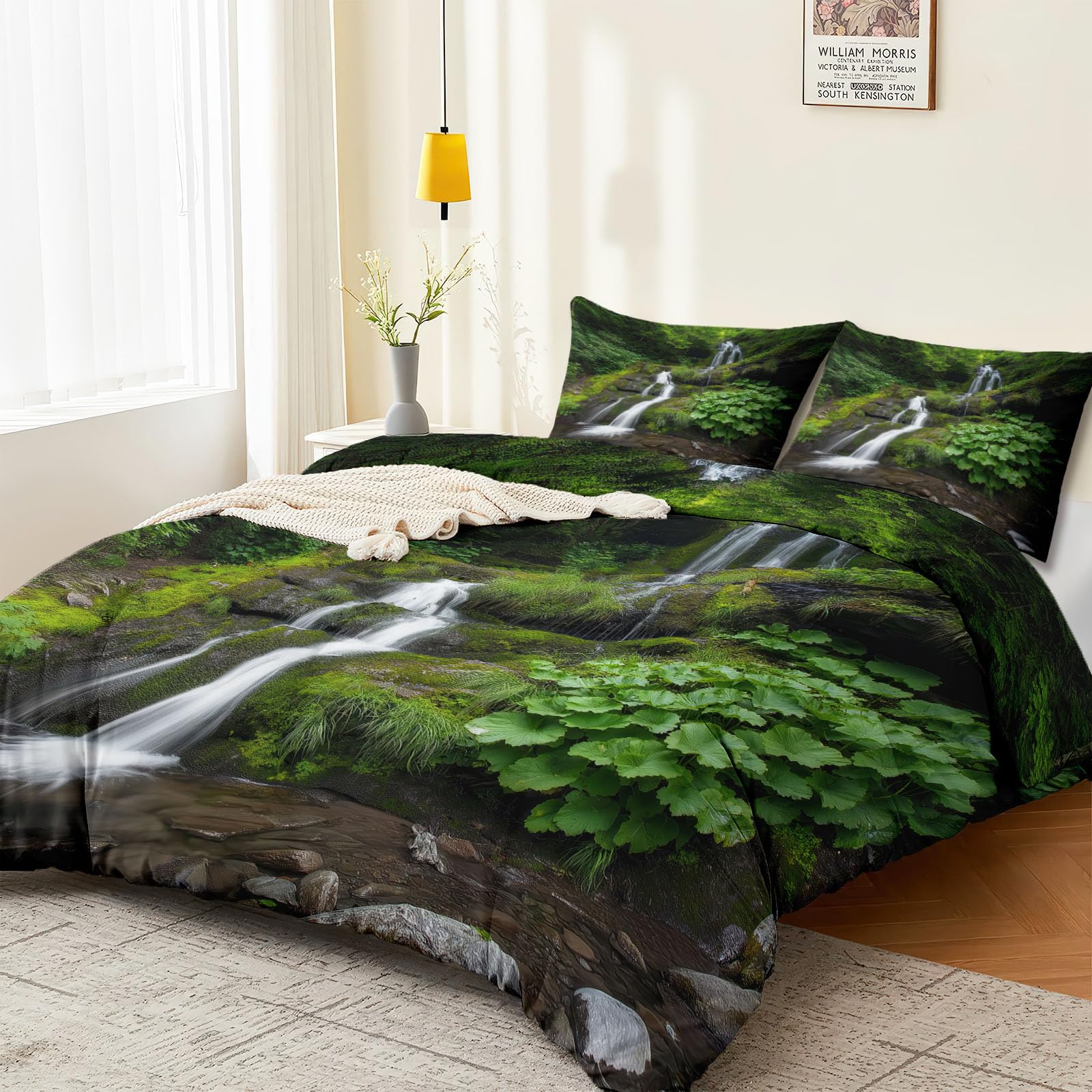 Biancheria da letto con cascata, fiume, piante tropicali, muschio, 180 x 200 cm, copripiumino fotografico verde, copripiumino reversibile in microfibra di alta qualità, per persone allergiche, con