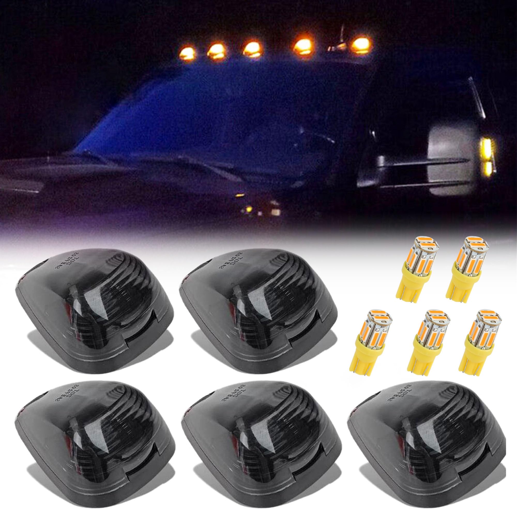 5X Black Smoke Lens Cab Roof Marker Running Lamps Compatible with Yellow/Amber LED Lights for Ford F150 F250 F350 F450 F550 F650 F750 E150 E250 E350 E450 1999-2016 - Super Duty Pickup Trucks