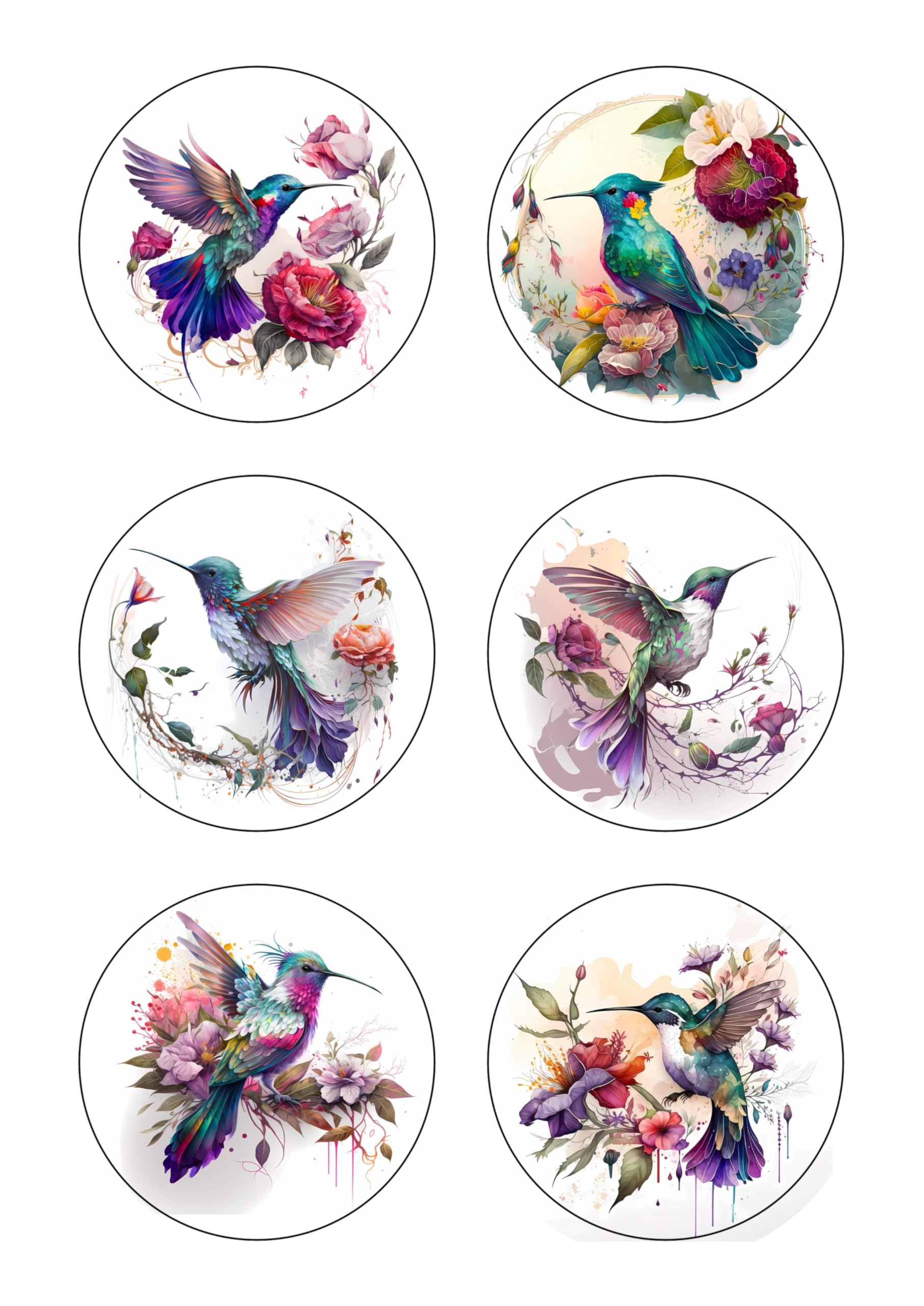 12 Hummingbird Selection - Card Making Toppers Self Adhesive Circles - Glossy Finish Medium 88mm (3.5 inches) Diameter - Pack of 12 (Two Sheets of 6) - Crafts Labels