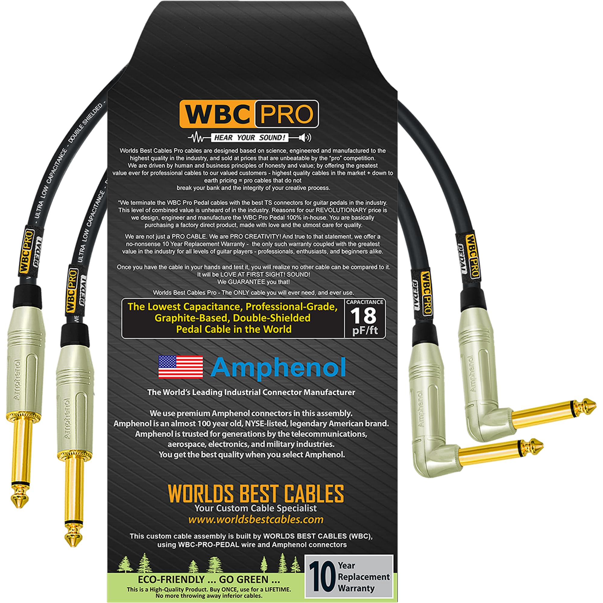 2 unidades – 15 pulgadas – Pedal WBC-PRO-– 22 AWG – Tapa baja (18pF/pies) – Grado profesional – Basado en grafito – Pedal de doble blindaje, efectos, parche, cable de instrumento y conectores TS