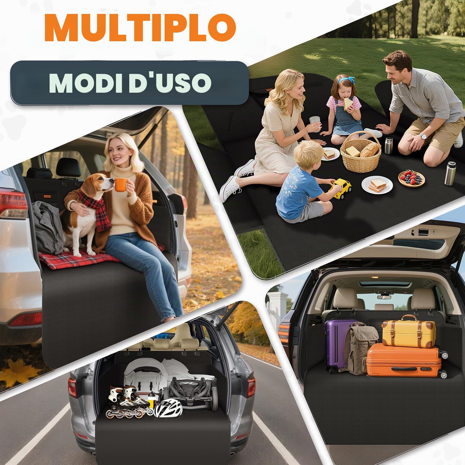 Protezione Bagagliaio Auto per Cani, Telo Auto per Cani con Tasca, Protezione Laterale e Paraurti, Impermeabile Antistrappo Antiscivolo, Universale per Auto, SUV, 183 x 104 cm, Nero(Leggero)