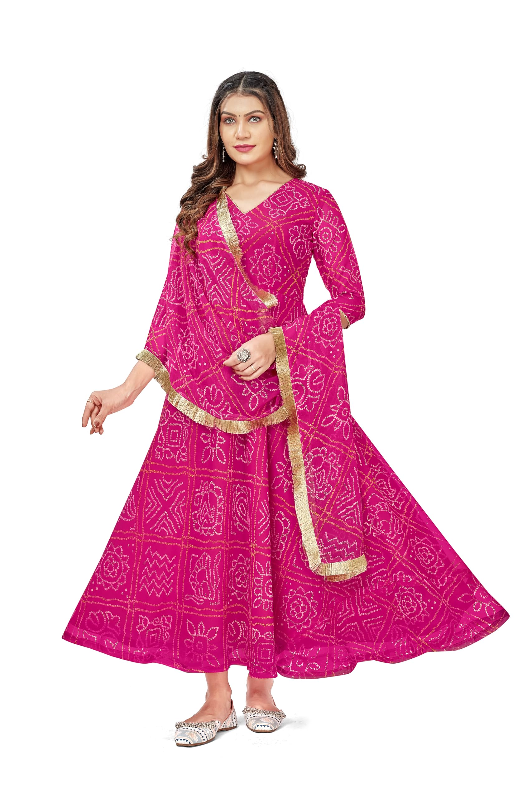 VIHARA THREADS Women's Bandhani Print Anarkali Kurta with Matching Dupatta, Ethnic Indian Wear