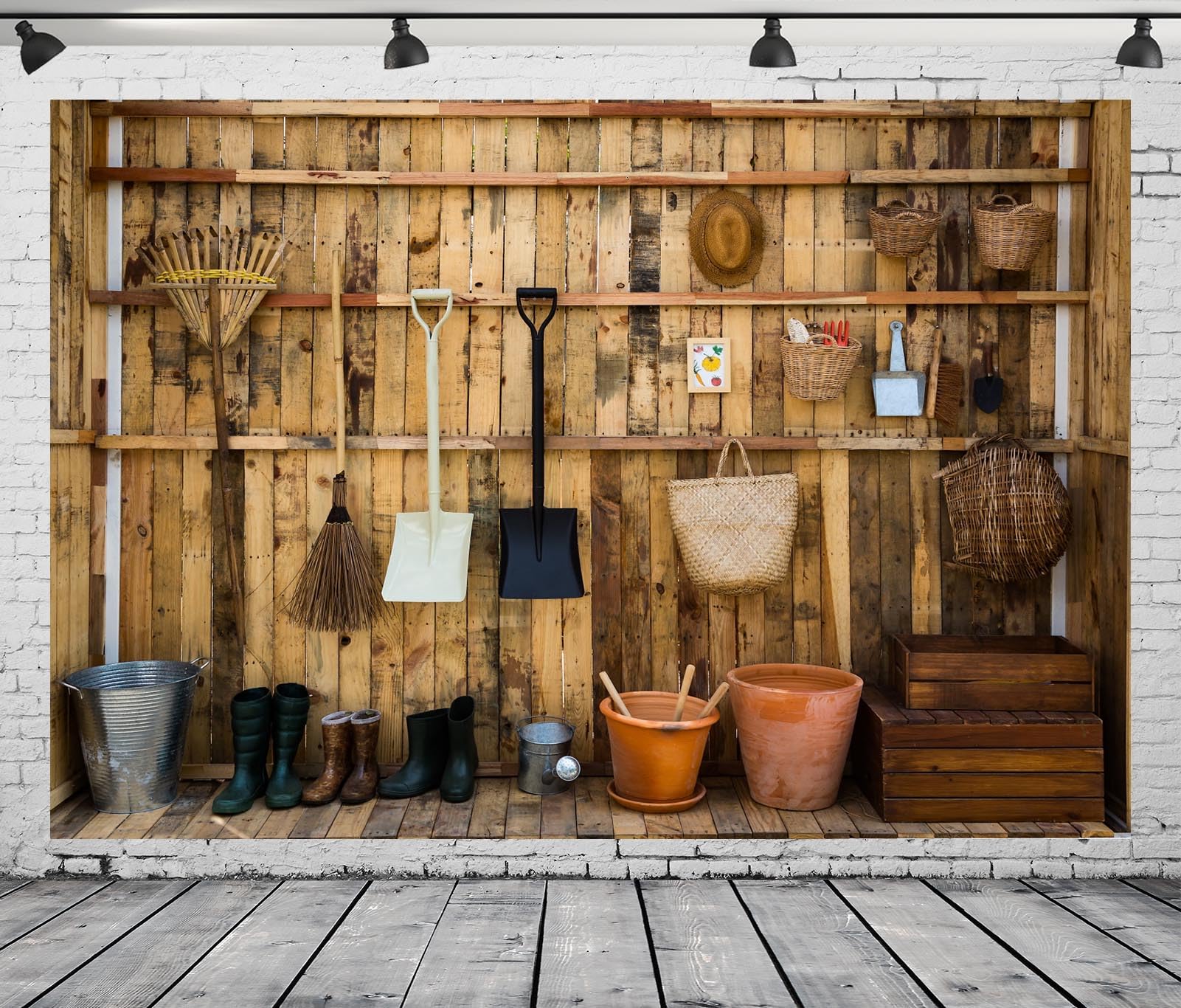 CORFOTO 7x5ft Wooden Shed Gardening Tools Backdrop Countryside Rustic Garden Shed Background for Gardening Birthday Supplies Farm Theme Party Banner