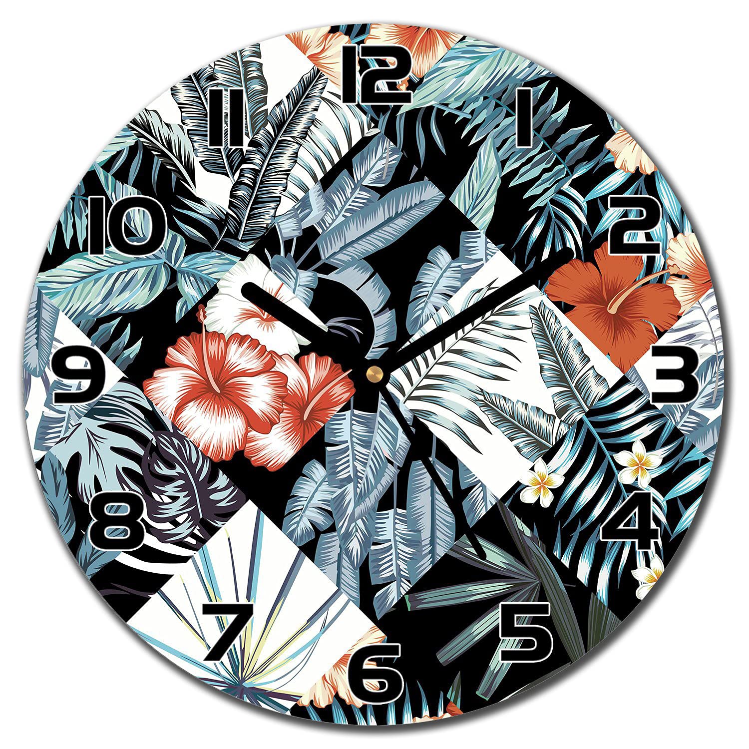 Horloge en verre salon moderne Fleurs De Patchwork à aiguilles noires