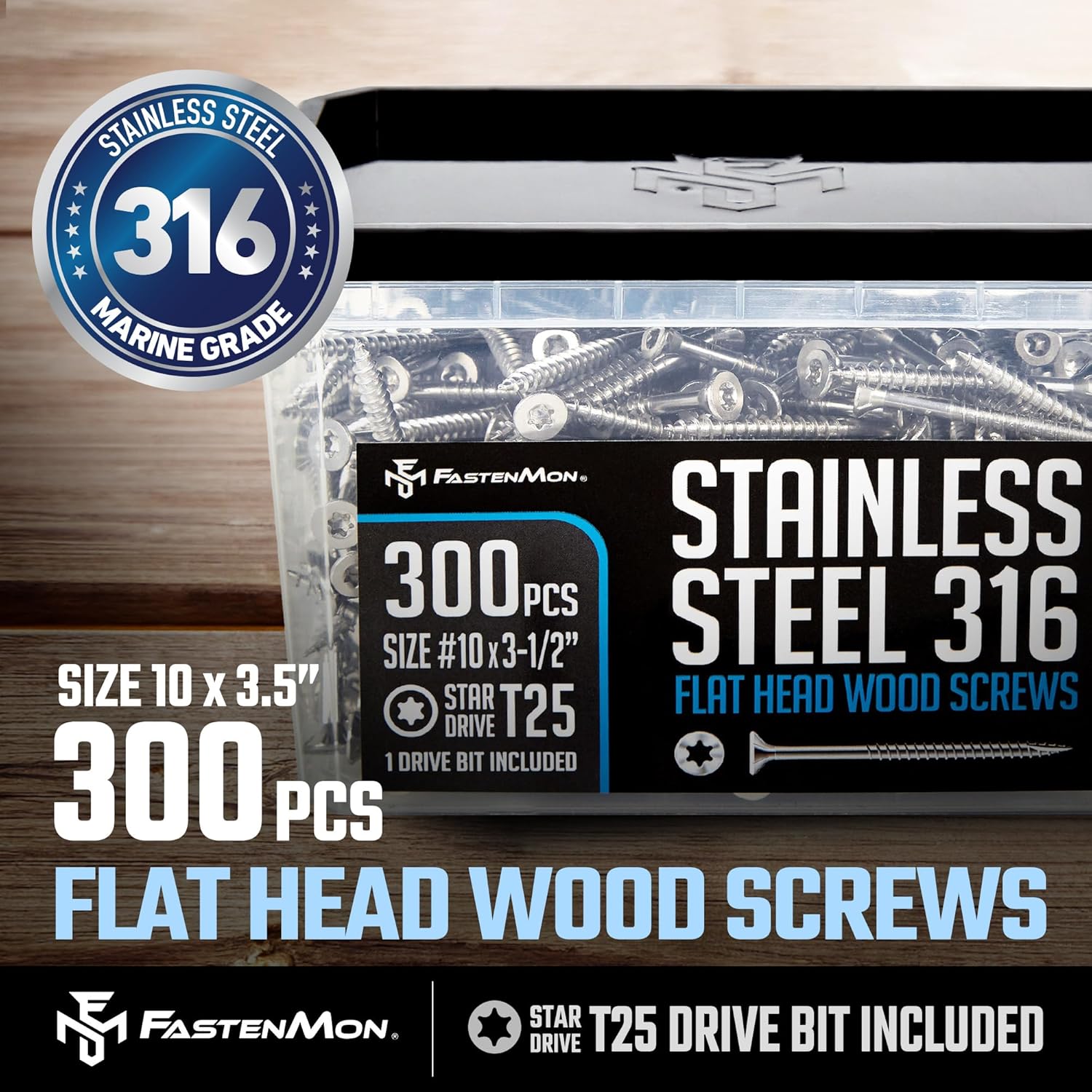 #10x3-1/2 Marine Grade 316 Stainless Steel Wood Screws, 300 PCS, Torx Flat Head T25, Type 17 Point, Ideal for Decks, Fences, Coastal Construction, Bulk Box