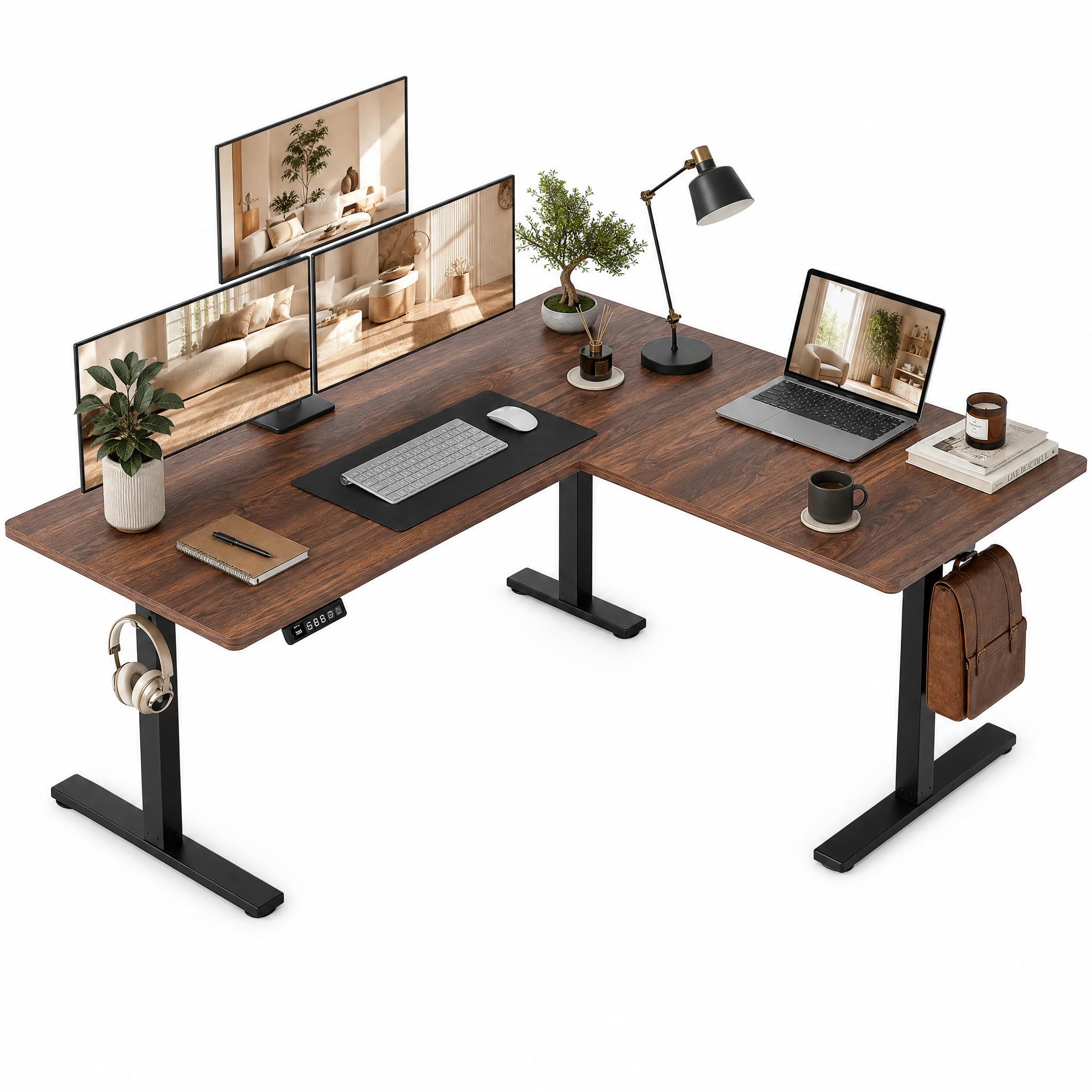 Grandder 63 x 55 Inch L Shaped Standing Desk, Electric Height Adjustable Corner Stand Up Desk, Sit Stand Corner Table Home Office Table, Walnut Top Black Frame