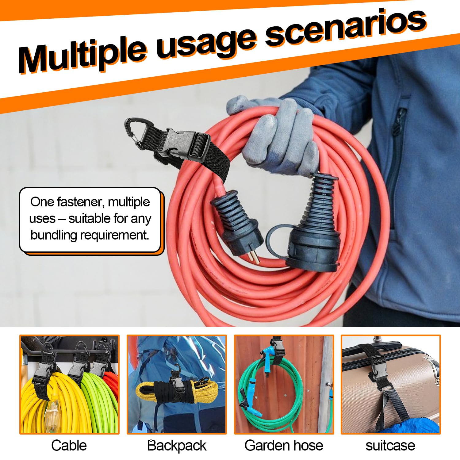 4 Organizer Cavi Larghezza 3.8 cm Organizzatore Cavi Regolabile (45/65 cm) Cable Organizer Versatile con Uncino Triangolare e Fibbia per Organizzare Tubi da Giardino Prolunghe e Cavo di Officina Nero