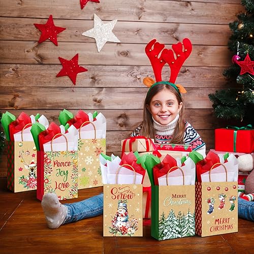 Miniatura 7 de Zachely 24 bolsas de regalo de Navidad con 24 papel de seda, bolsas de papel kraft a granel para regalos con asas, 8 estilos de bolsas de regalo de