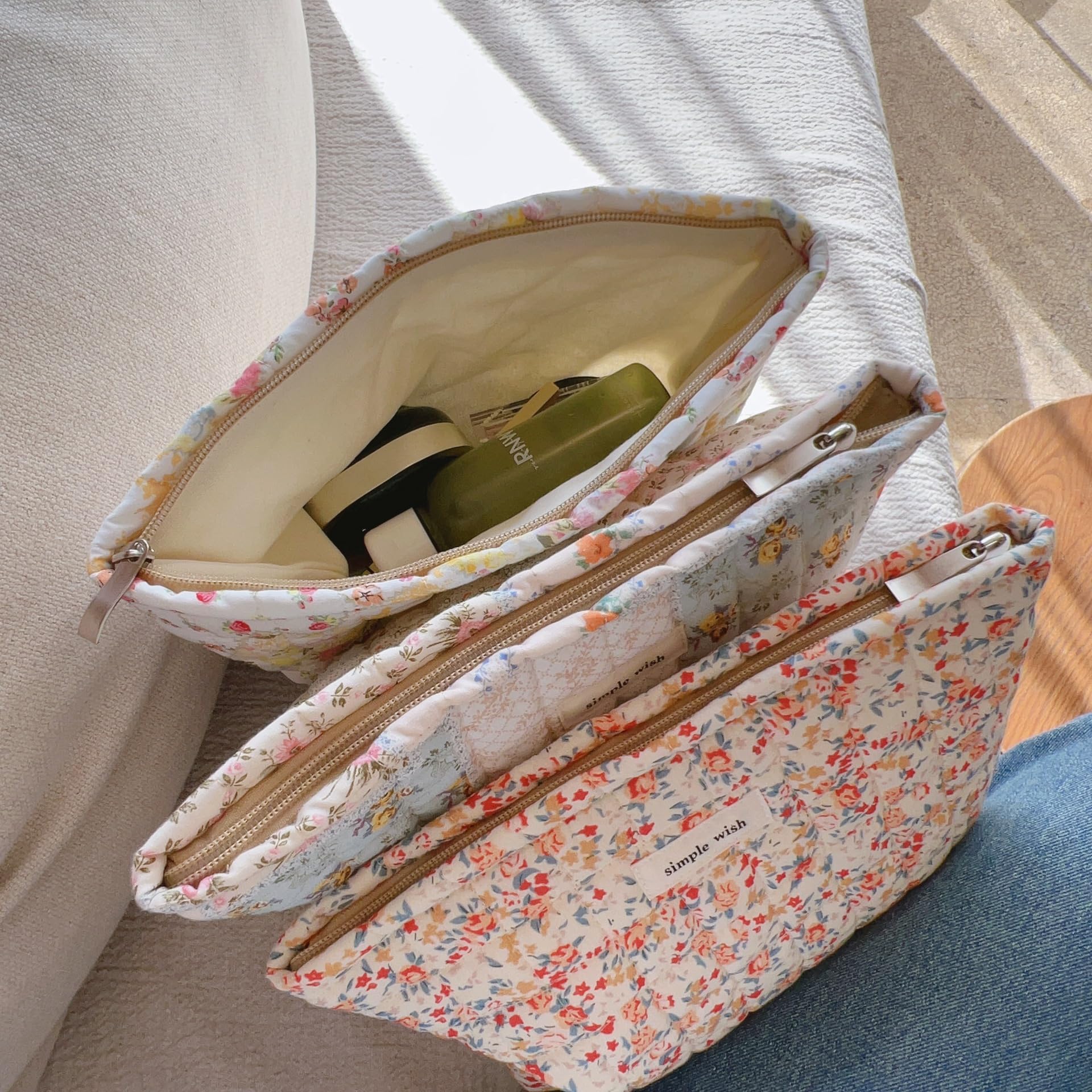 Sminra Make-up-Tasche, niedlich, groß, gesteppt, Kosmetiktasche, Organizer, Blumenmuster, Baumwolle, Kokette, ästhetischer Kulturbeutel, Aufbewahrungstasche für Damen und Mädchen, 2 Stück