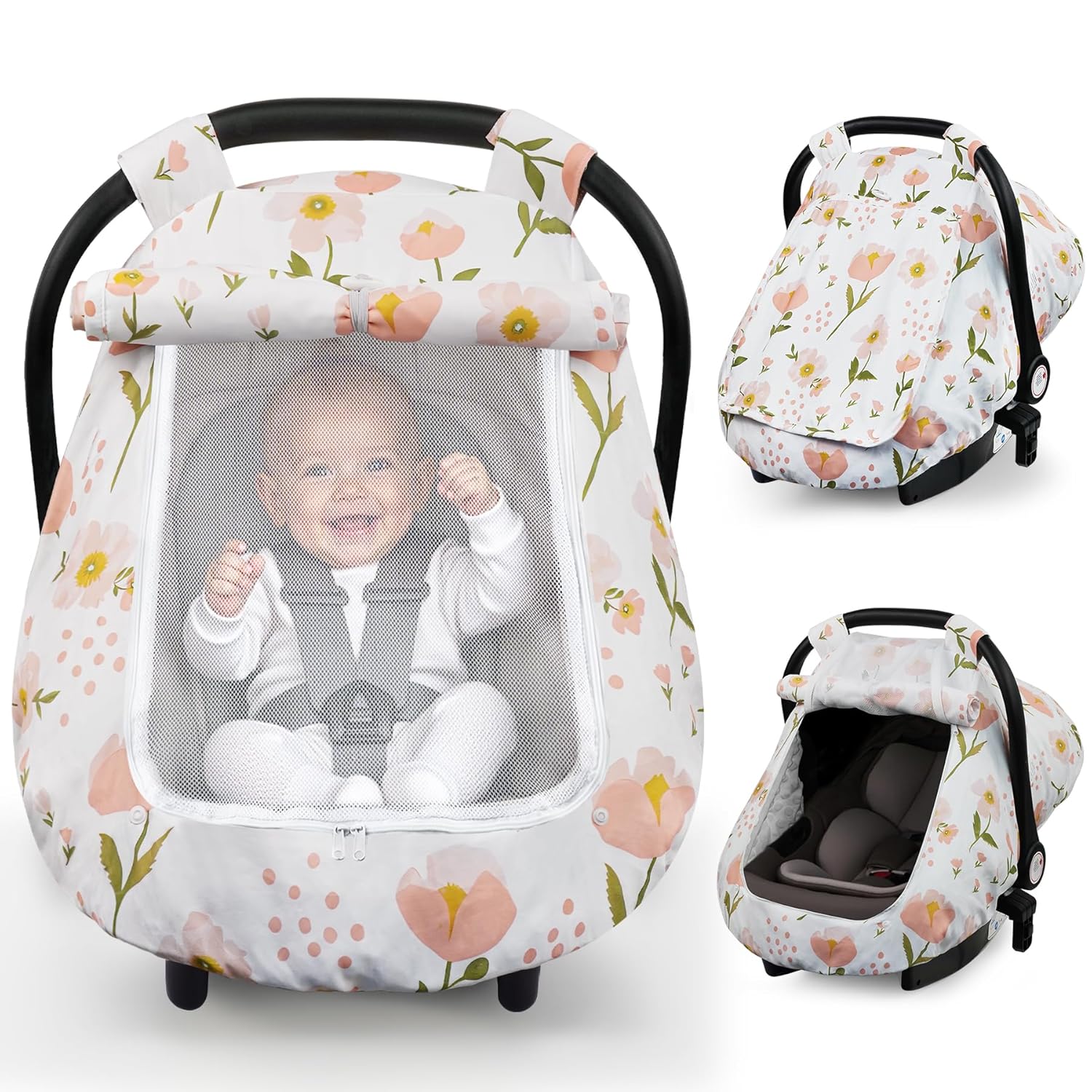 Elstey Car Seat Cover Baby, Minky Dot Carseat Covers Baby Girls, Lightweight Infant Car Seat Cover Canopy with 2 Layers Breathable Mesh Windows, Stroller Carrier for Babies Newborn Essentials