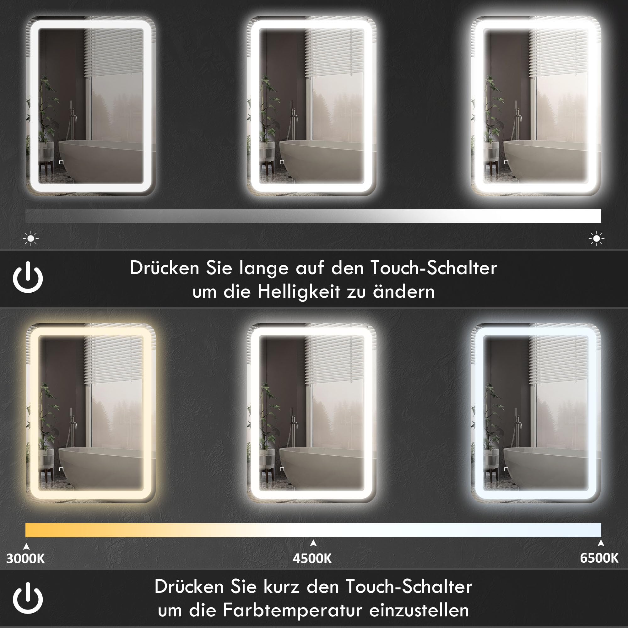 HOMCOM Badspiegel mit Beleuchtung 70 x 90 cm mit 3 Lichtfarben Silber