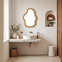 Handmade Boho Asymmetrical Rattan Wall Mirror 22x30 Inch - Wavy Wicker Hanging Decor for Living Room, Bedroom, Entryway