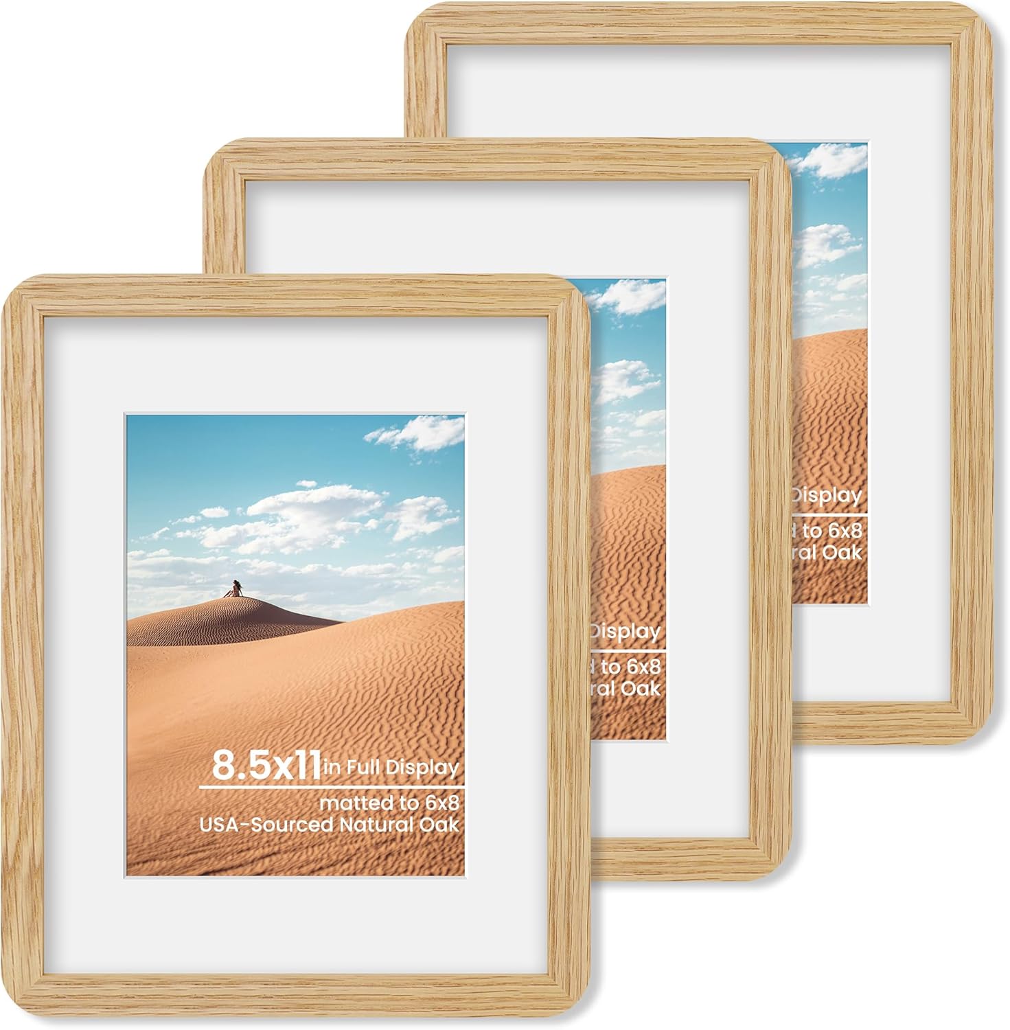 8.5x11 Picture Frame Set of 3, Solid Oak Wood Photo Frame with Mat for 6x8, Round Corner 8.5 x 11 Matted Picture Frames with Resistant Plexiglass for Wall Mounting or Tabletop, Oak Color