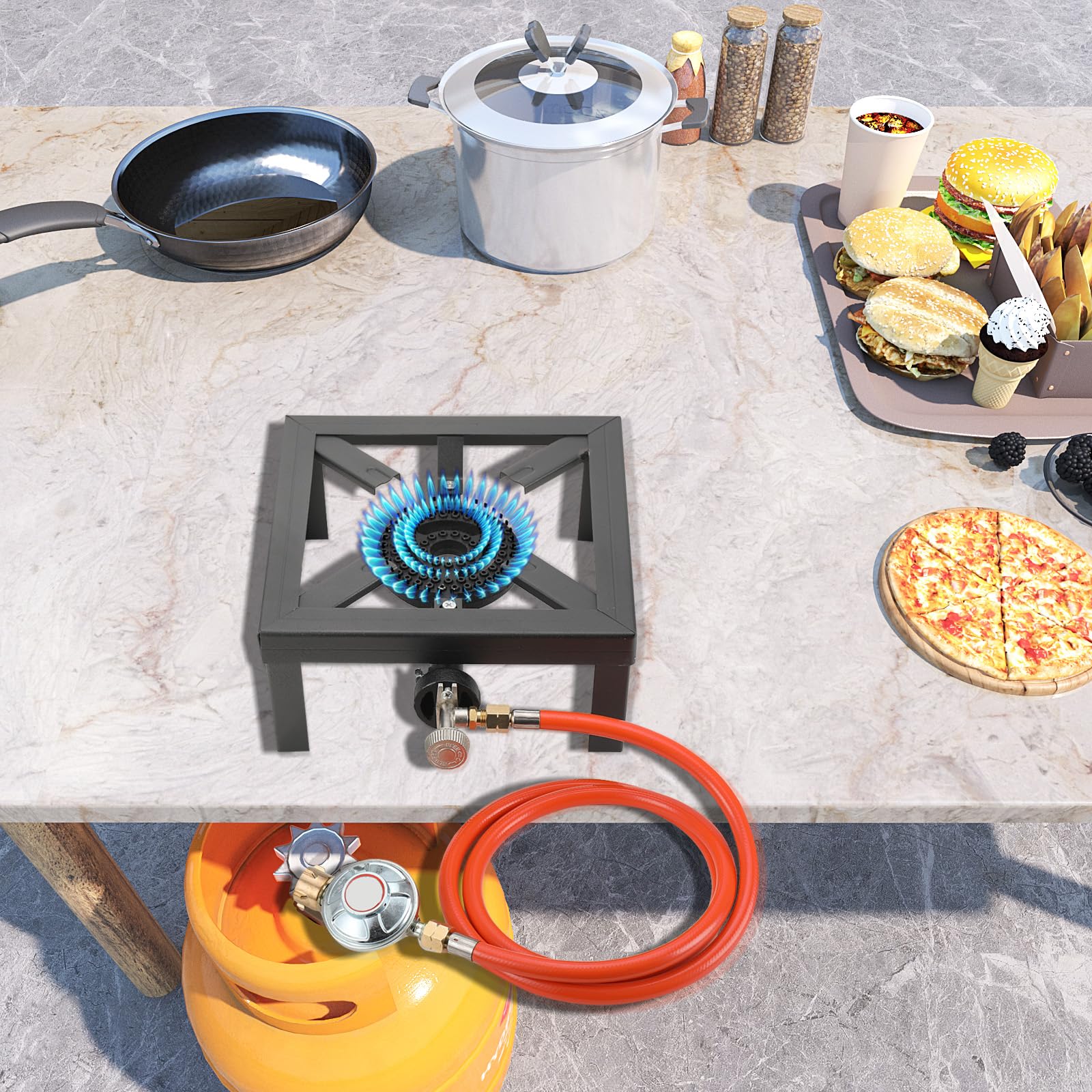 Réchaud à gaz 8 kW - Réchaud industriel avec tuyau de gaz propane de 1,5 m et réducteur de pression de propane de 50 mbar - Pour le camping, l'extérieur, uniquement pour une utilisation en