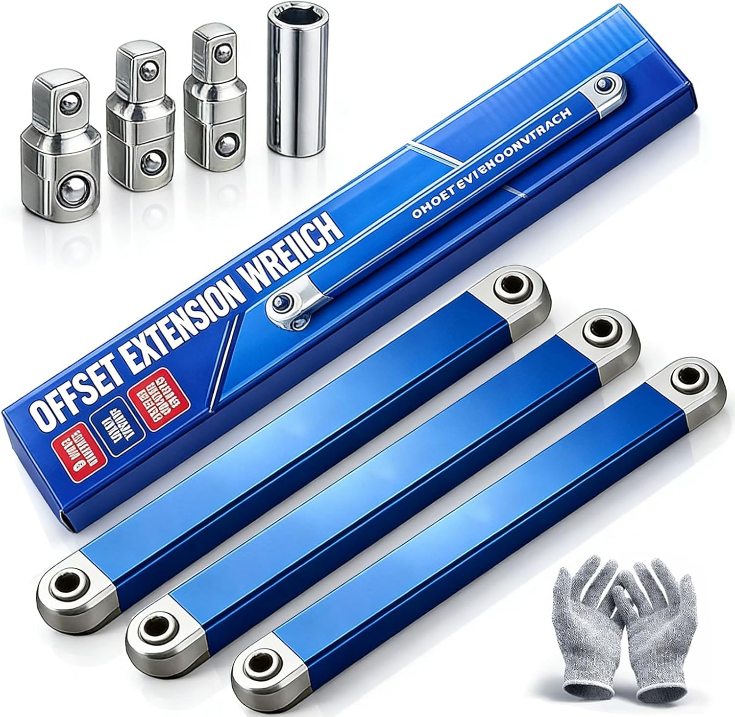 DDRIC PRO Offset Extension Wrench, Pro Zero Degree Offset Extension Wrench Impact Set with 1/2", 1/4" & 3/8" Square Drive Adapters, Multifunctional Tight-Reach Tool for Hard-to-Reach Spaces (3pcs)