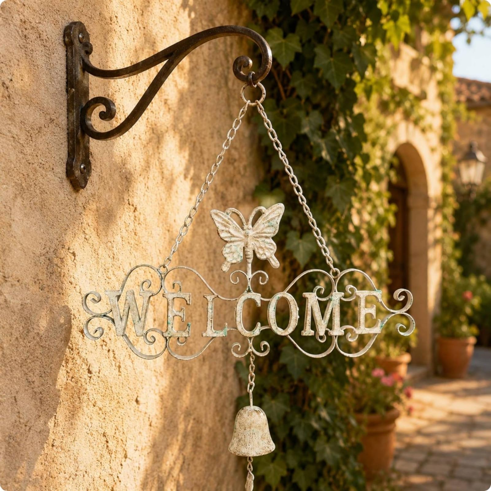 Insegna WELCOME in Ferro Bianco Sbiadito Cartello WELCOME Sospeso Appendibile Cartello Giardino Ferro per Porta, Angelo Vintage