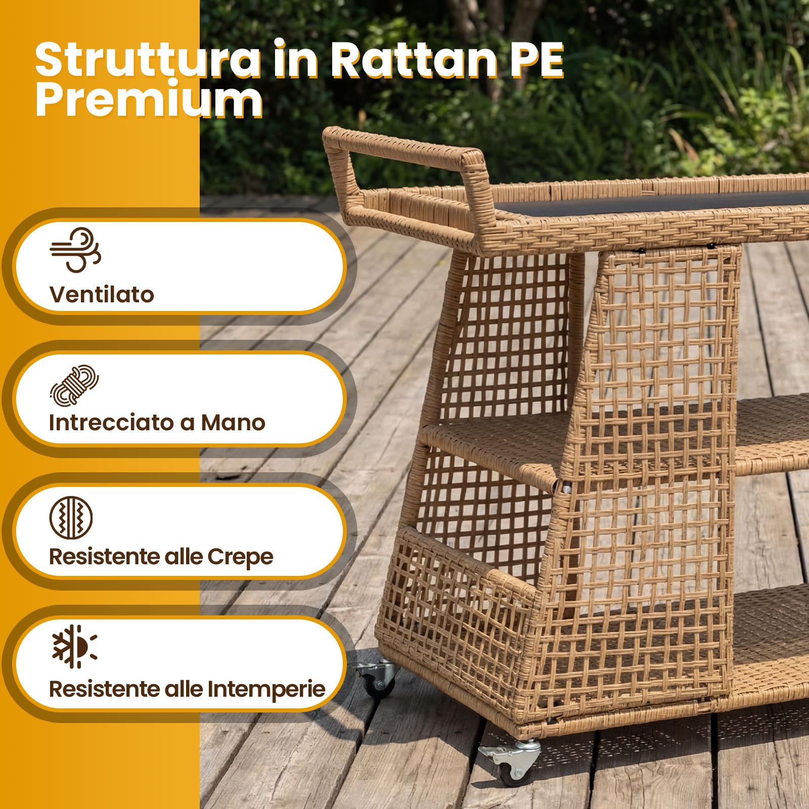 COSTWAY Carrello Bar da Esterno, Carrello Portavivande in Rattan con 4 Ruote, 3 Ripiani Aperto e Maniglia Laterale, Carrellino da Servizio per Cucina, Giardino e Bordo Piscina, 98 x 54 x 92 cm