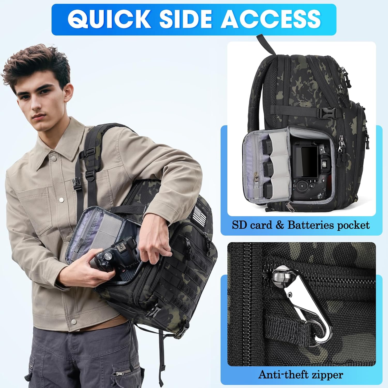 SDYSM Camera Backpack Bag Professional for DSLR/SLR Mirrorless Camera Waterproof 15.6 inch Tactical Camera Bags for Photographers with Rain Cover, Tripod Holder, Small Bag Photography Backpack Case - Image 6