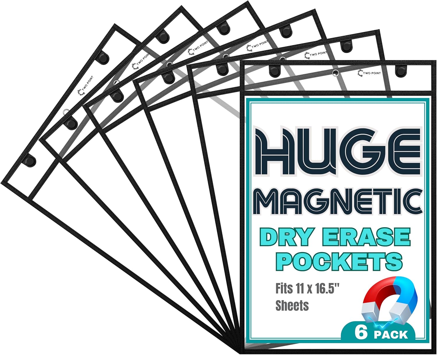 Huge Magnetic Dry Erase Pockets by Two Point (6-Pack) - Portrait - Fits 11 x 16.5 inch Pages, Black Dry Erase Sleeves, Job Shop Ticket Holders, Clear Paper Sleeves Protector, Magnetic Folder Pouch