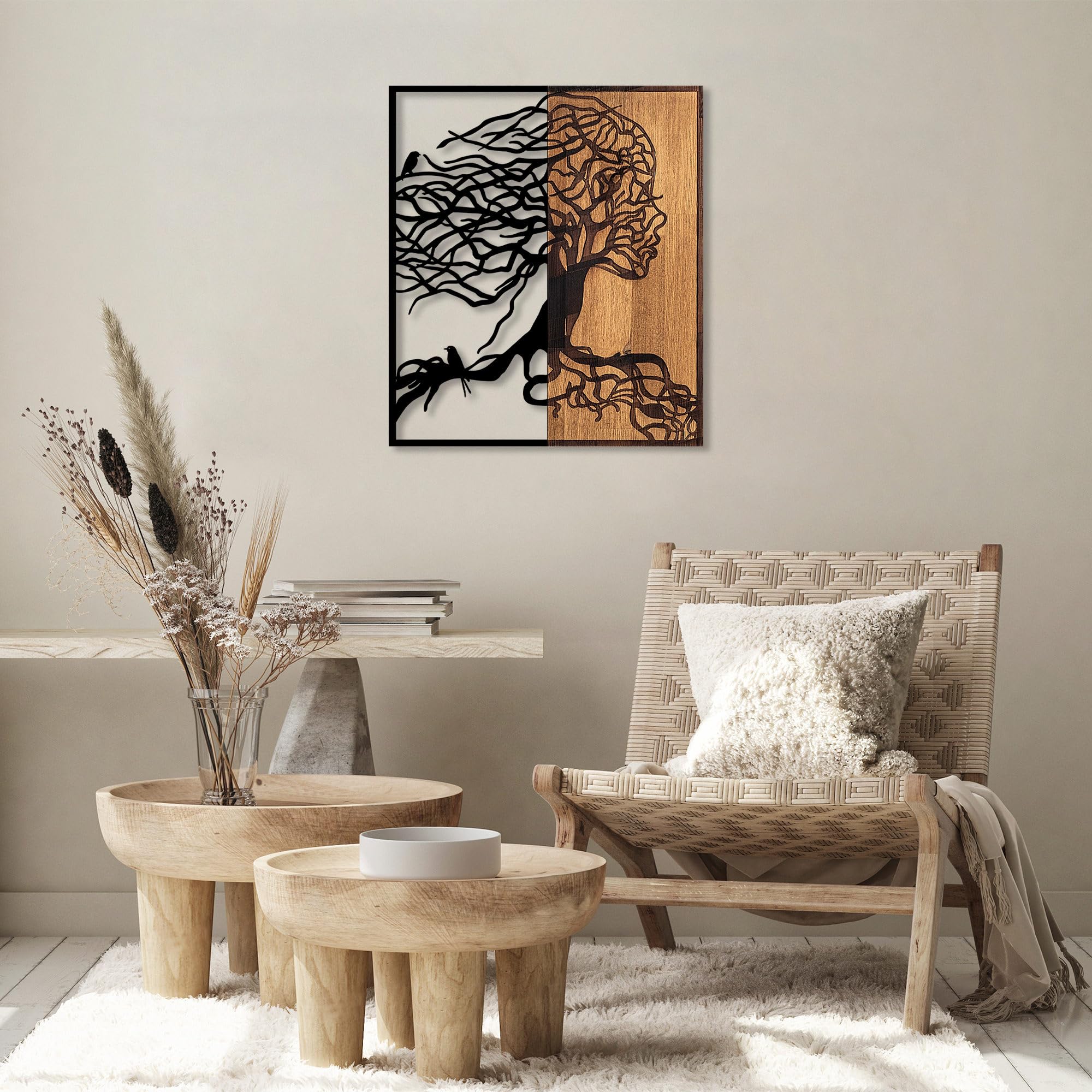 Decorative Wooden Wall Accessory, Black & Walnut, 50 x 3 x 58 cm, 50% Wood (3 cm) & 50% Metal (1.5 mm), Unique Design, Perfect for Home Decor