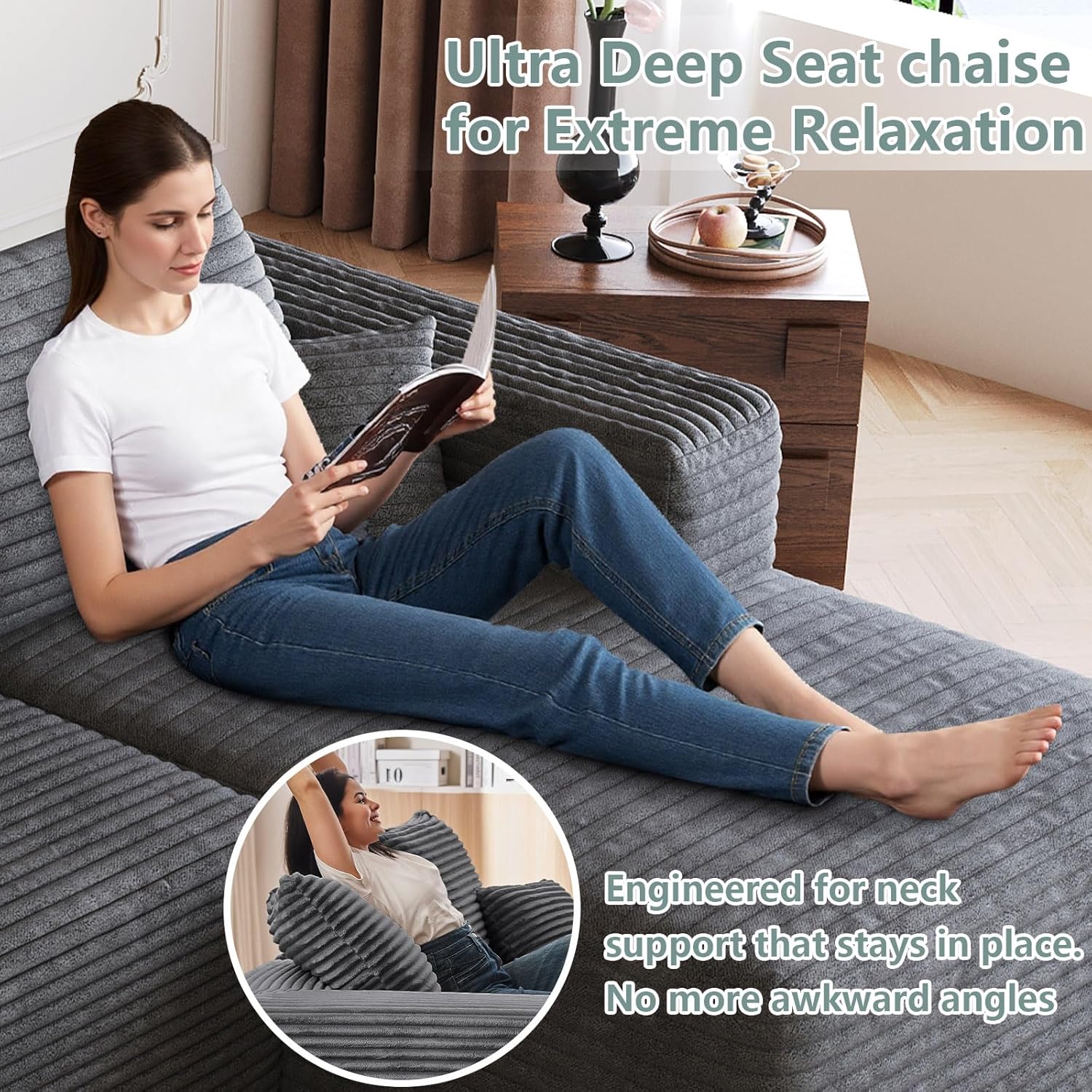 95" Modular Sectional Sofa, Modern Corduroy Cloud Couch with Side Pockets, Boneless Couch Upholstered 3-Seater L-Shaped Sofa for Living Room, No Assembly Required (Dark Gray,Right-Facing Chaise)