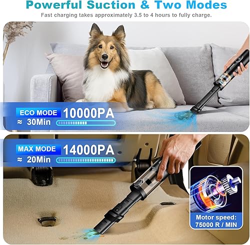 Miniatura 2 de Aspiradora de mano inalámbrica, portátil para automóvil, 14000 PA, potente aspiradora de succión con luz LED y plumero de aire 2 en 1, mini