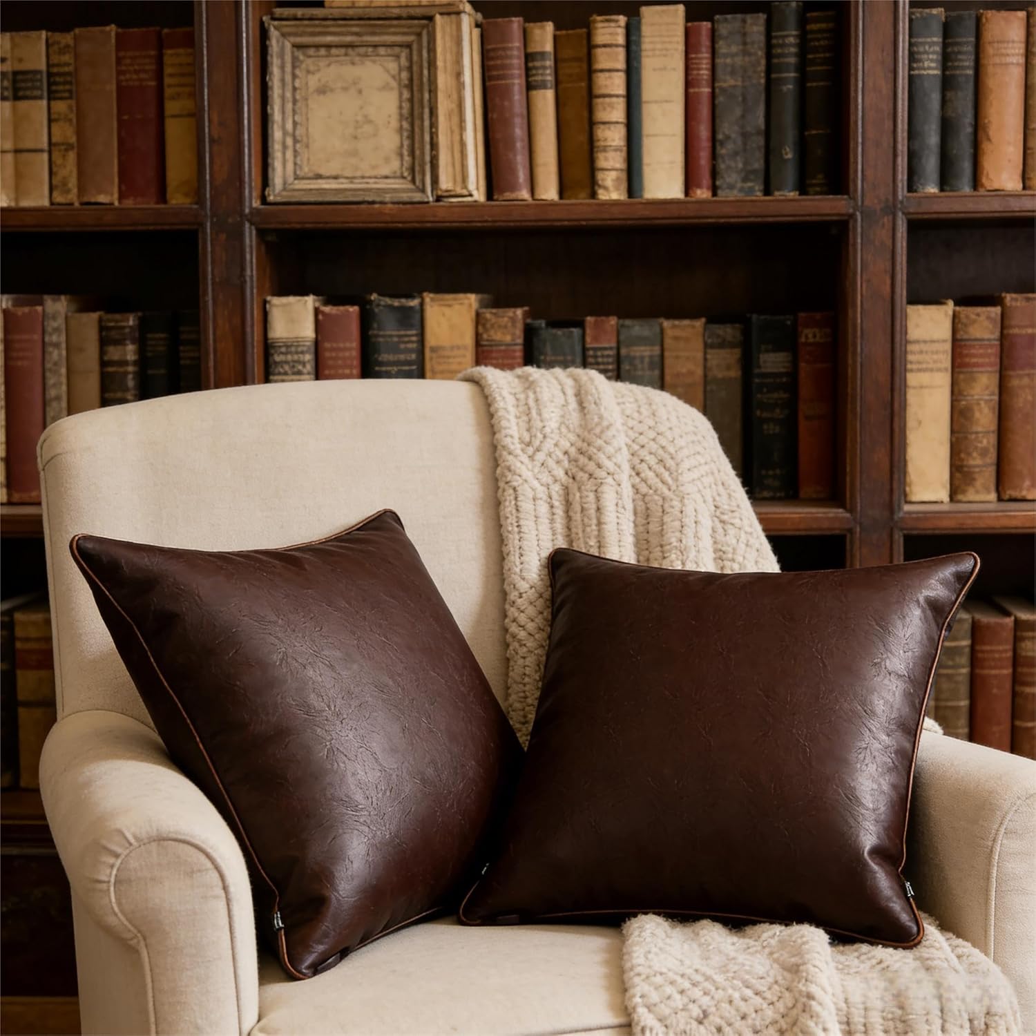 Coffee Faux Leather Pillow Covers 20x20 Set of 2, Water-Resistant Square Cushion Cases for Sofa Couch Living Room and Bedroom - Dark Brown Scratch-resistant Pillowcases for Covered Patio Matte Texture