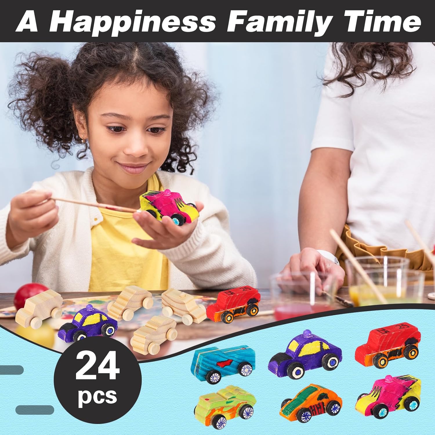 Lenwen 24 Pcs DIY Wooden Race Cars, Unfinished Wooden Car Race Cars Toy with 12 Color Acrylic Paint Easy Woodworking Set, Arts and Crafts Kit Birthday Party Presents for Boys and Girls(Cute) - Image 5