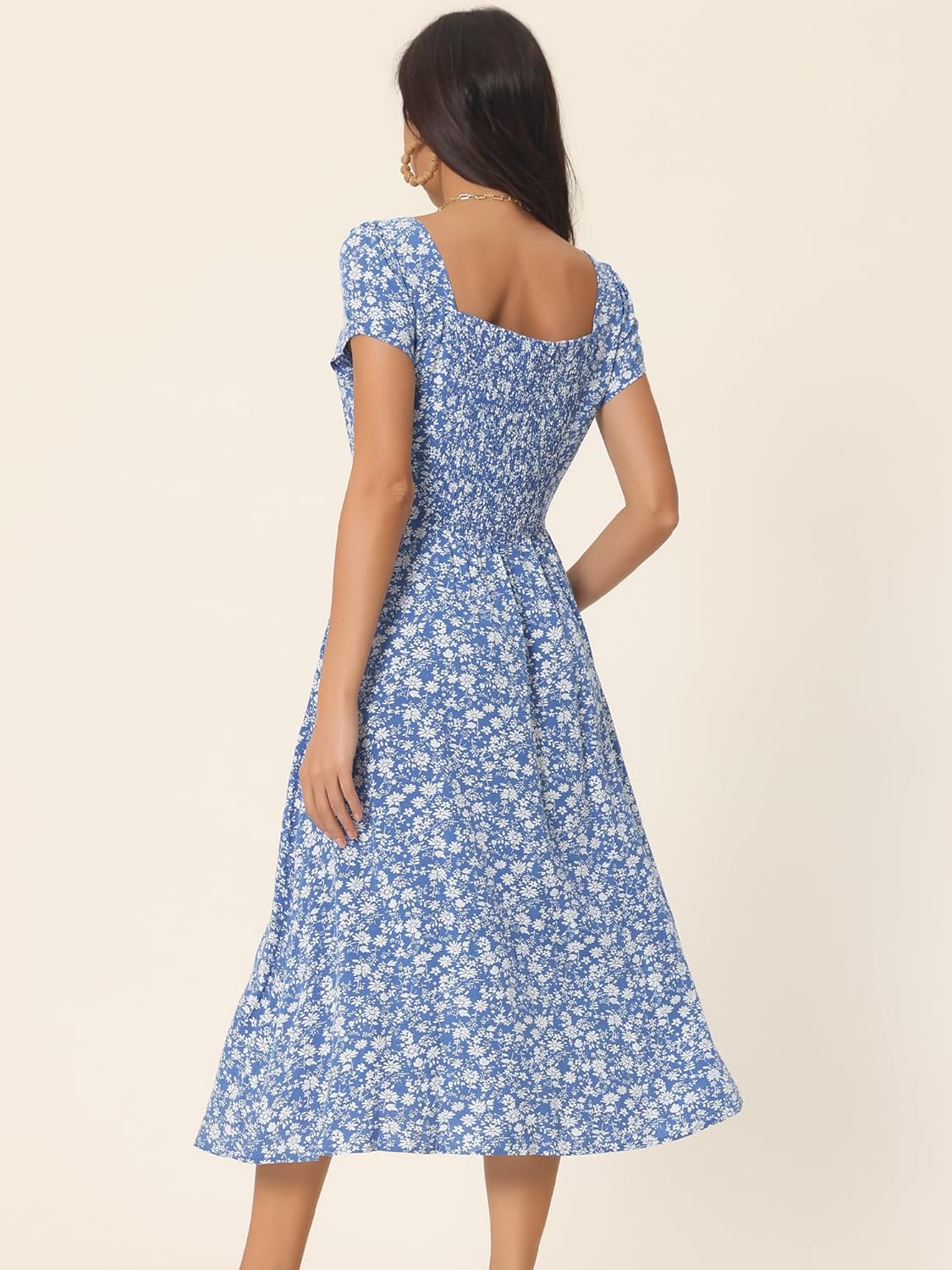 Seta T Women's Summer Midi Dress Crewneck Short Sleeve Smocked Boho Floral Flowy A Line Beach Dresses with Pocket - Image 4