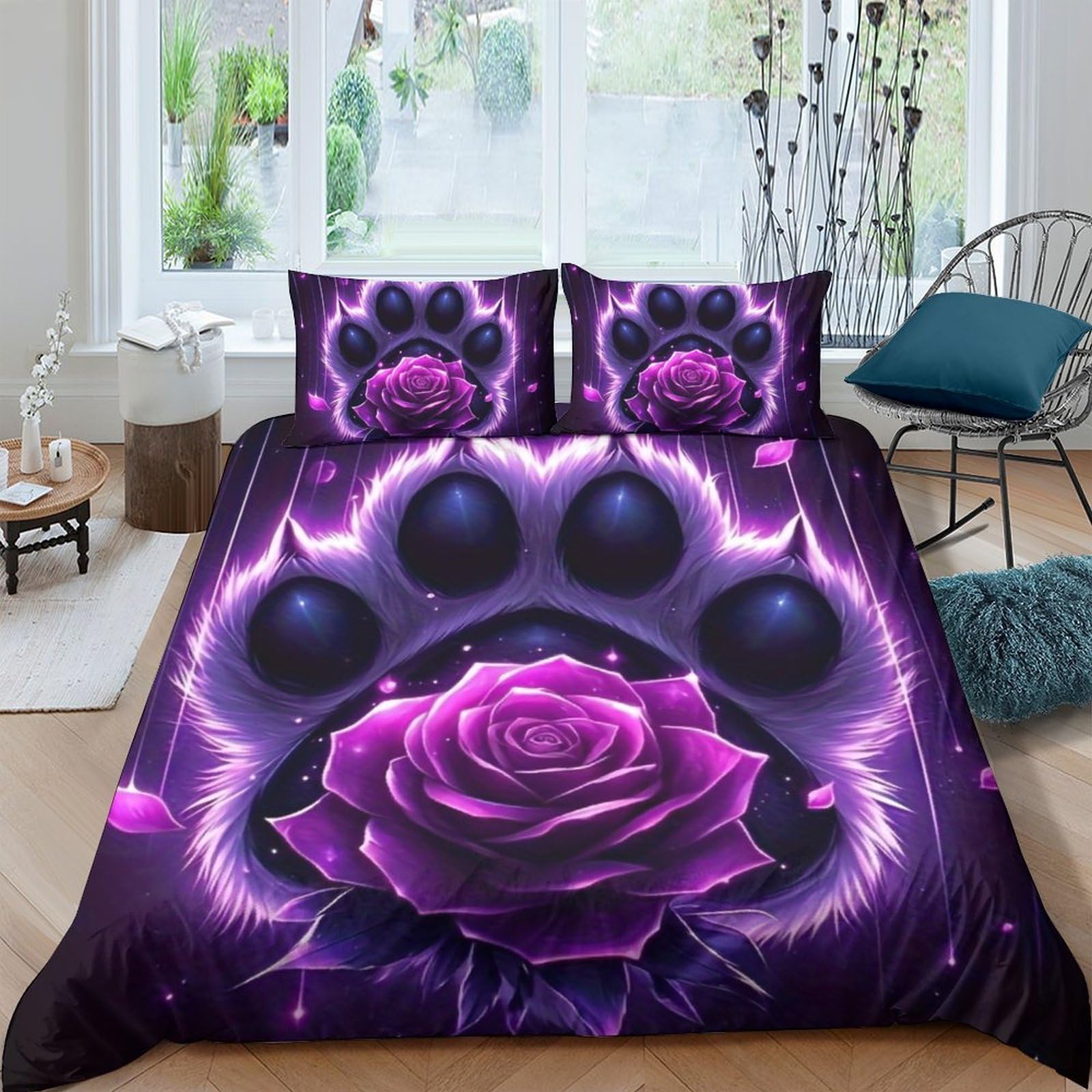 Tyuiopasdfg Colorful-19 Pet Lover Purple Rose Duvet Cover Set Microfiber 3 Piece Animal Paw Print Soft Bedding Set Zipper Closure Single（140X200cm）