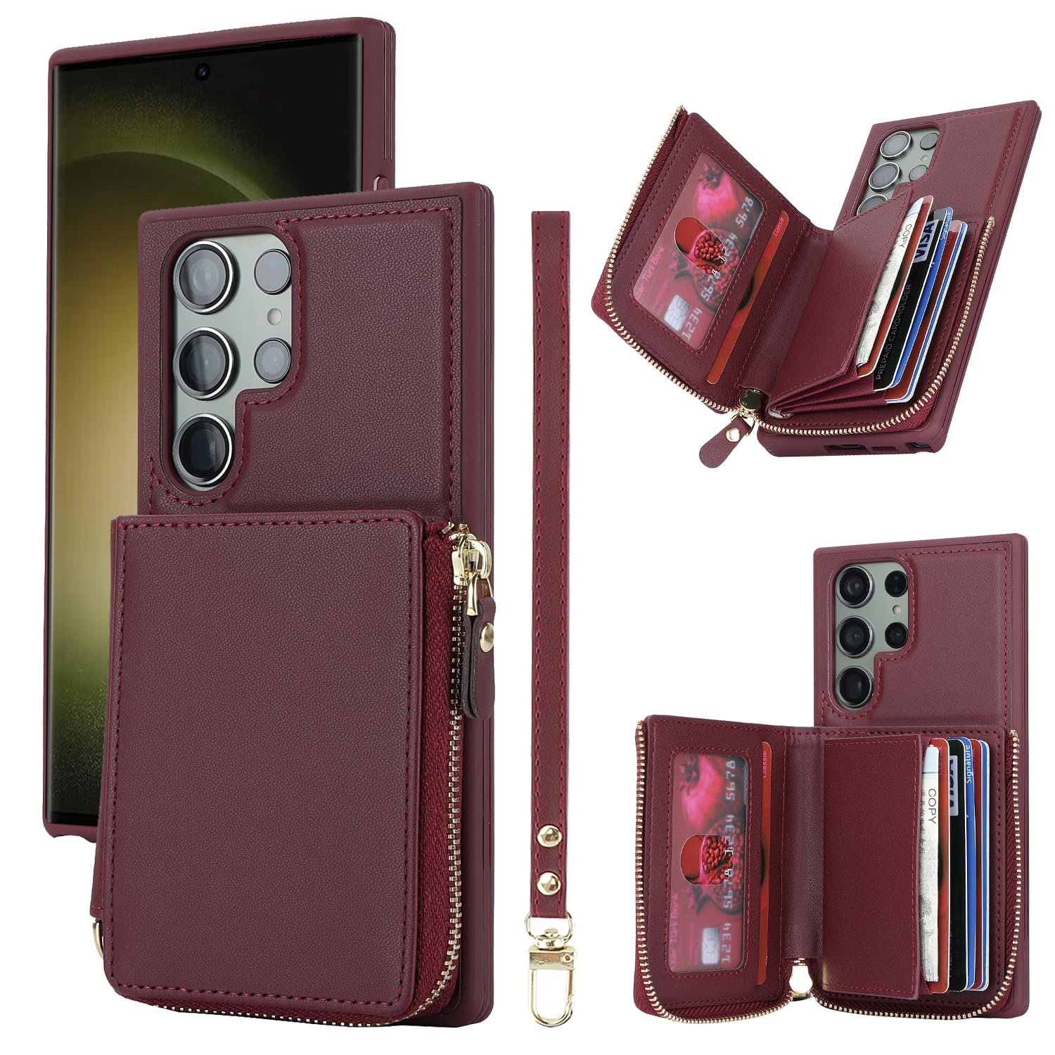 SunYoo for Samsung Galaxy S23 Ultra Case,[Lanyard Case] [Card Slots] [Coin Pocket] [Leather Cover] Zipper Case Flip Cover with Wrist Strap Lanyard Compatible with Samsung Galaxy S23 Ultra-Red