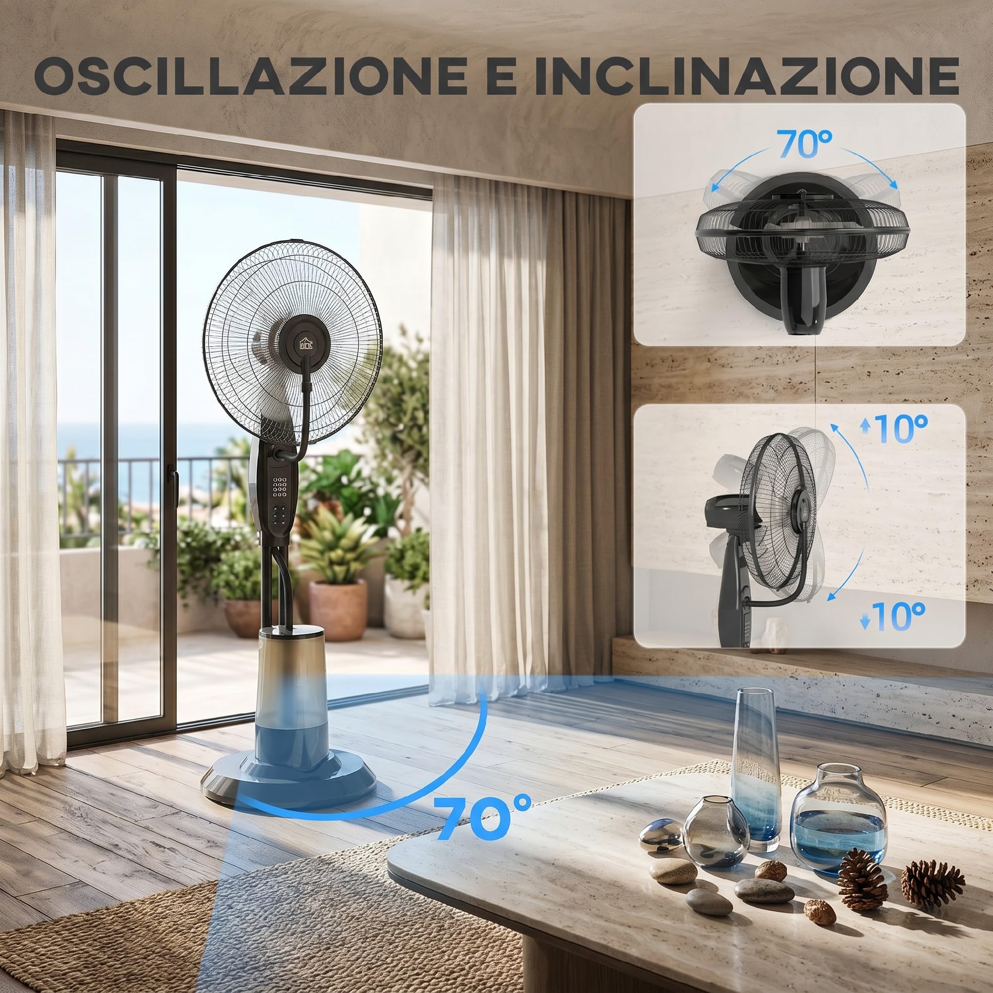 HOMCOM Ventilatore Nebulizzatore 75W con Serbatoio 3.2L, 3 Modalità | 3 Velocità, Ventilatore a Piantana, Inclinazione 10°, Oscillazione 70°, Timer 7.5h, Telecomando, 120cm