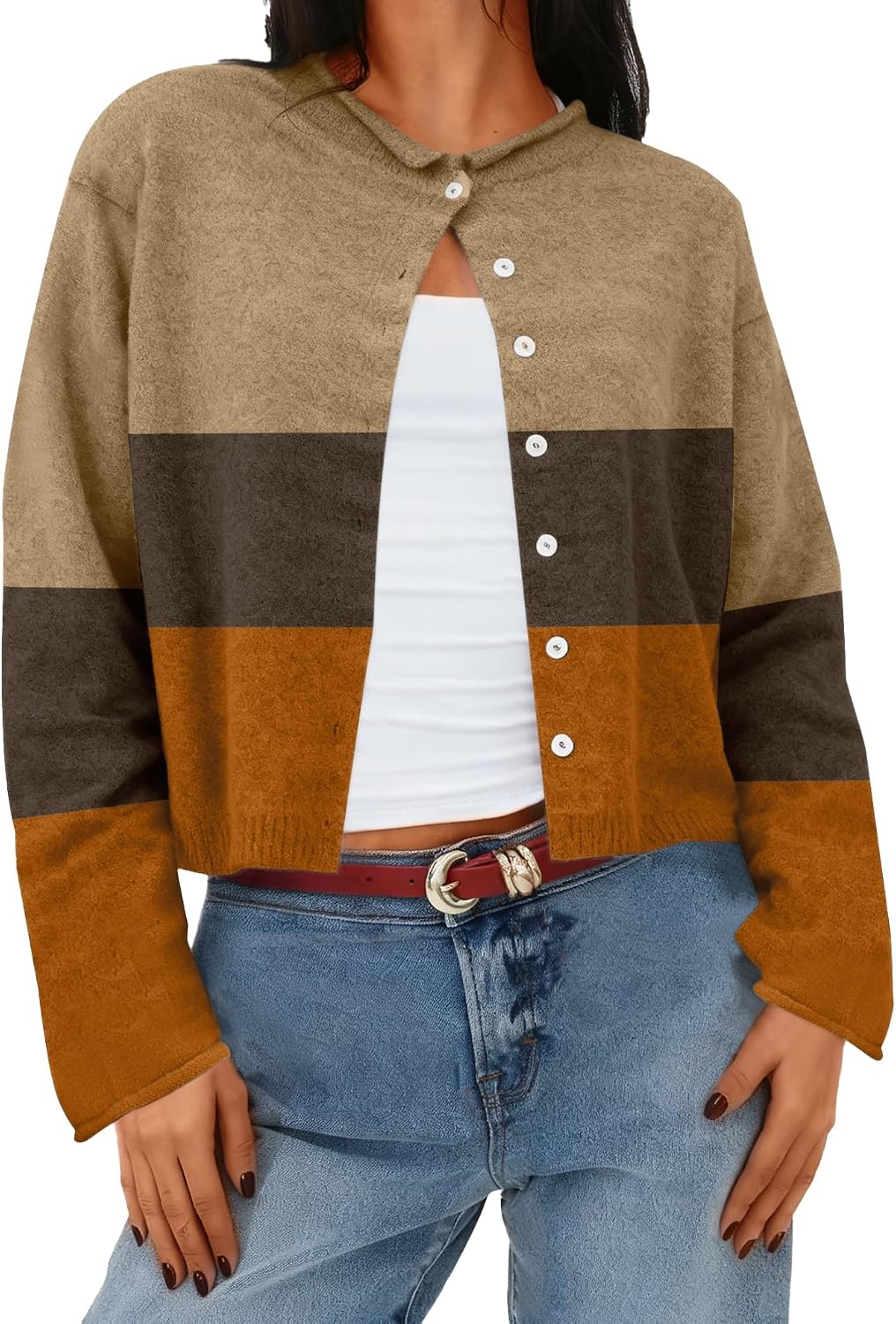 AKEWEI Cropped Cardigan Sweaters for Women Crewneck Long Sleeve Button Down Open Front Tops