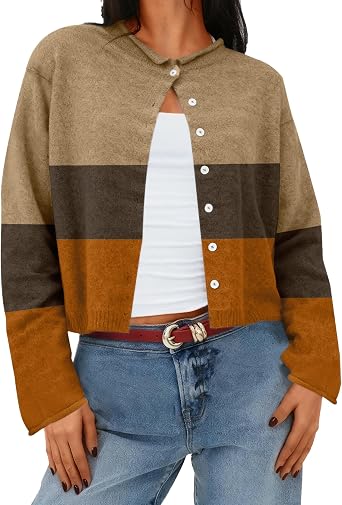 AKEWEI Cropped Cardigan Sweaters for Women Crewneck Long Sleeve Button Down Open Front Tops