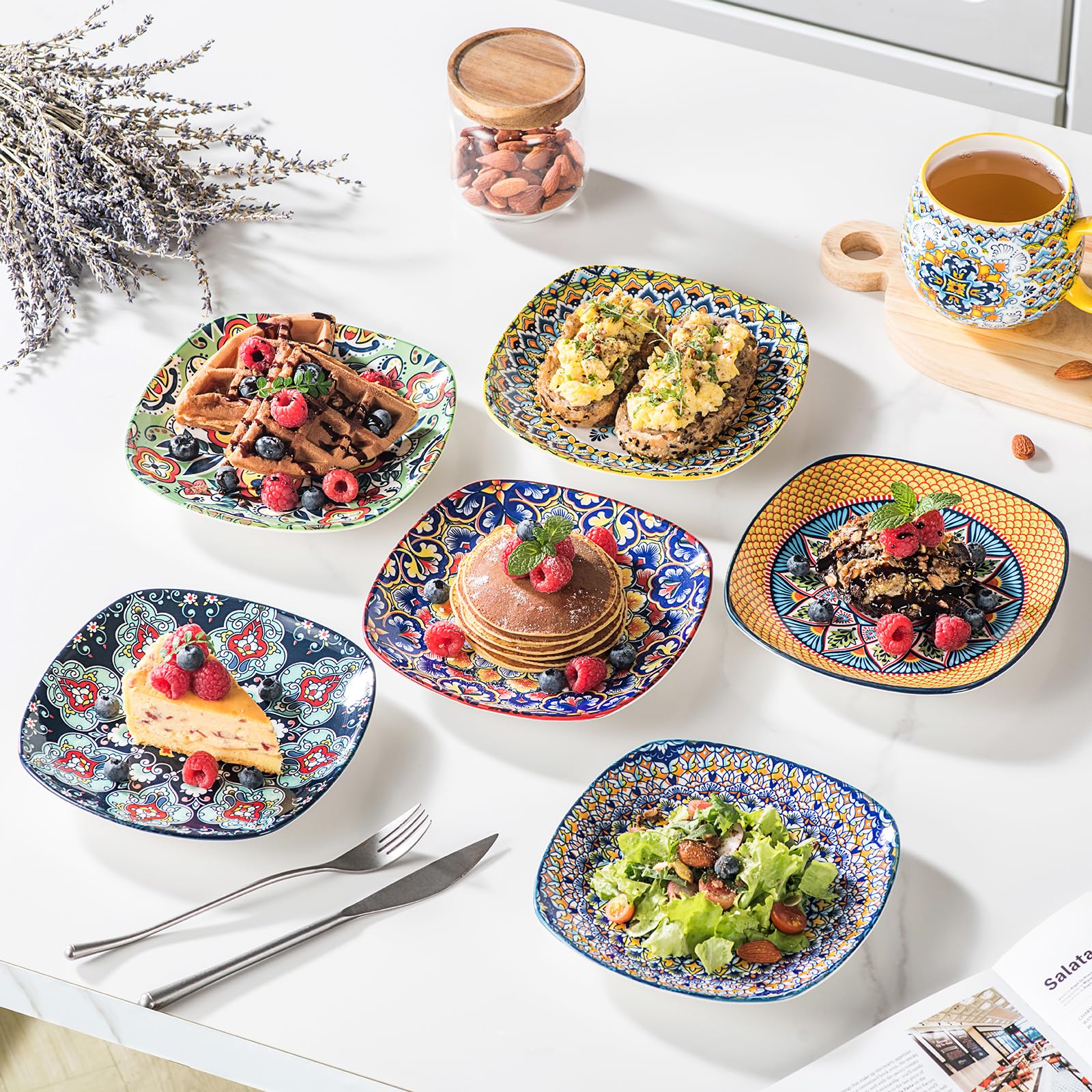 HENXFEN LEAD Dessertteller & Vorspeisenteller Porzellan, 18cm Quadratischer Salatteller 6er Set, Bunte Teller Set für Vorspeisen, Salat und Desserts - Bohemian Style