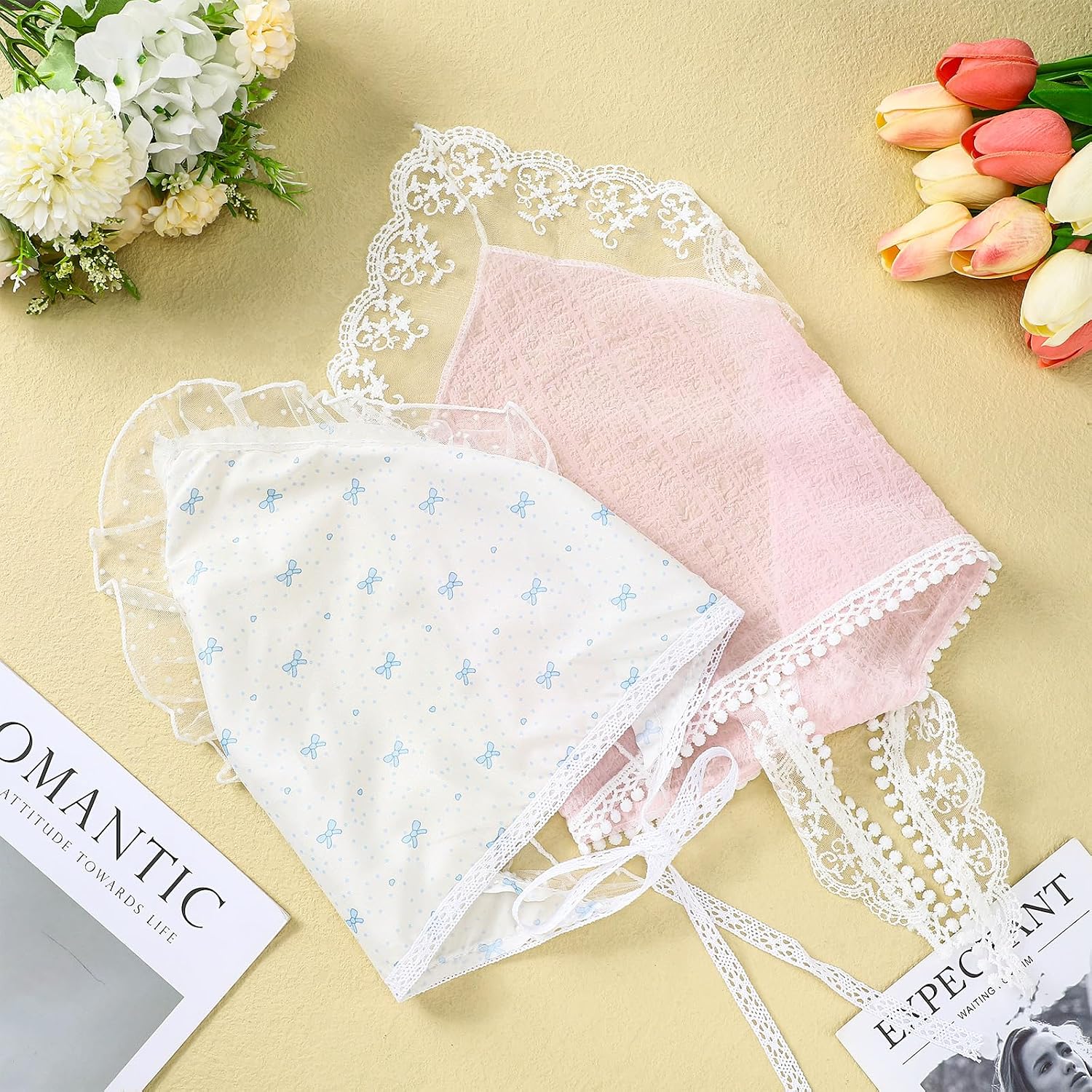 Mepase 4 Pcs Lace Bandanas Head Scarf for Women White and Pink Hair Scarf Floral Triangle Headwraps Cute Stylish Kerchief Lightweight Summer Accessories