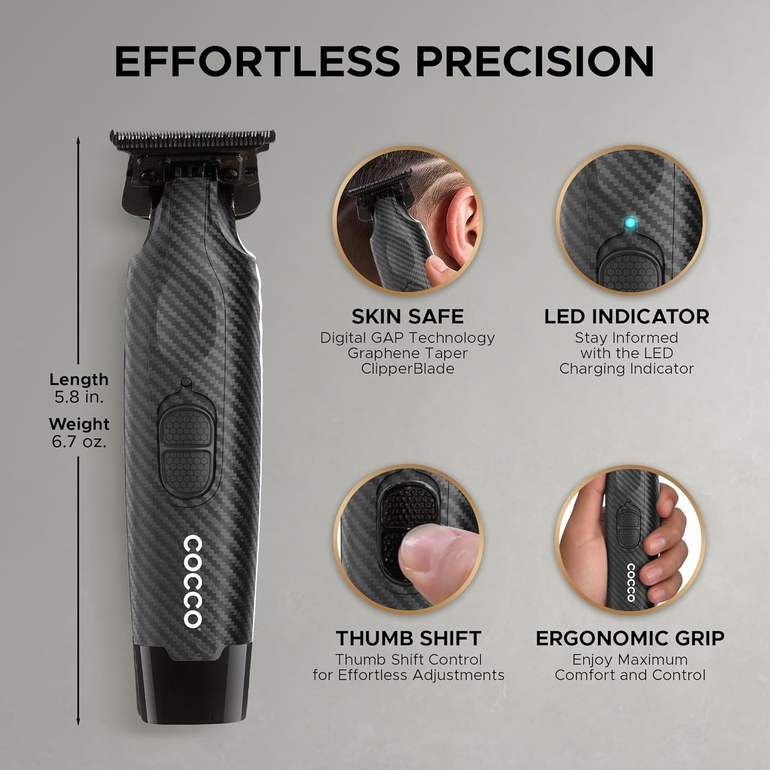 Cocco Hyper Veloce Pro Trimmer, Digital Gap Graphene Blade Edger, High-Torque Brushless BLDC Motor, Cordless, All-Metal Design, Lithium-Ion Battery, Charging Base Included (Carbon Fiber)