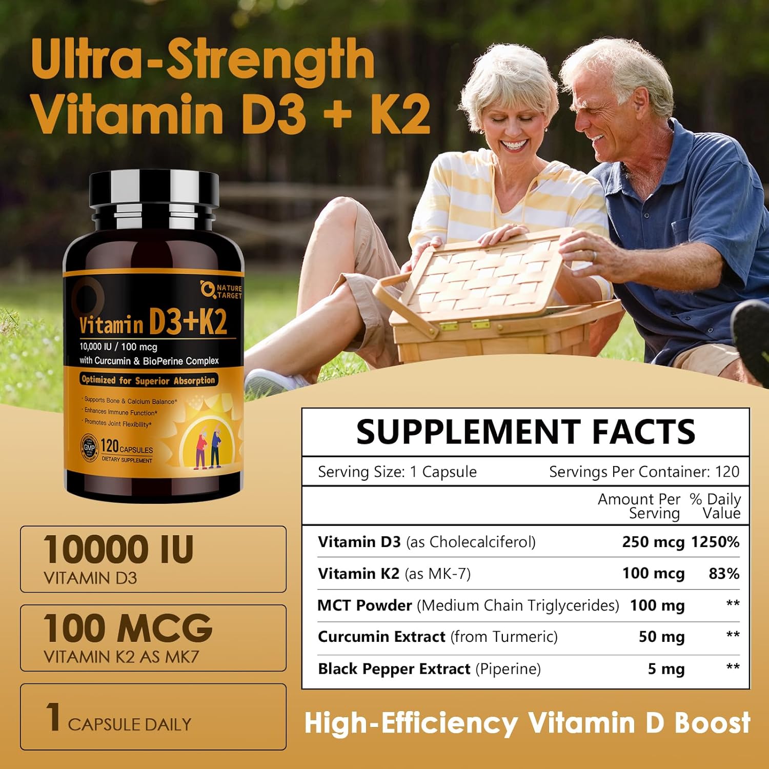 NATURE TARGET Vitamin D3 K2, High-Potency 10,000 IU D3, 100 mcg K2(MK-7) Supplement with MCT, Most Absorbable Synergy Formula, Supports Bone, Calcium & Immune Health, 120 Capsules - Image 2