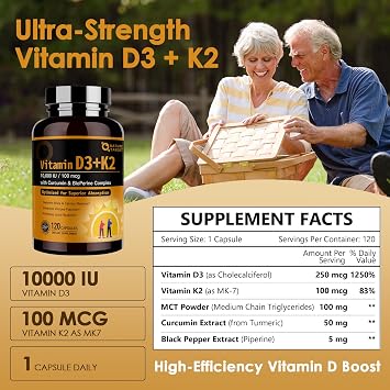 NATURE TARGET Vitamin D3 K2, 10,000 IU D3 & 100 mcg K2, 120 Capsules