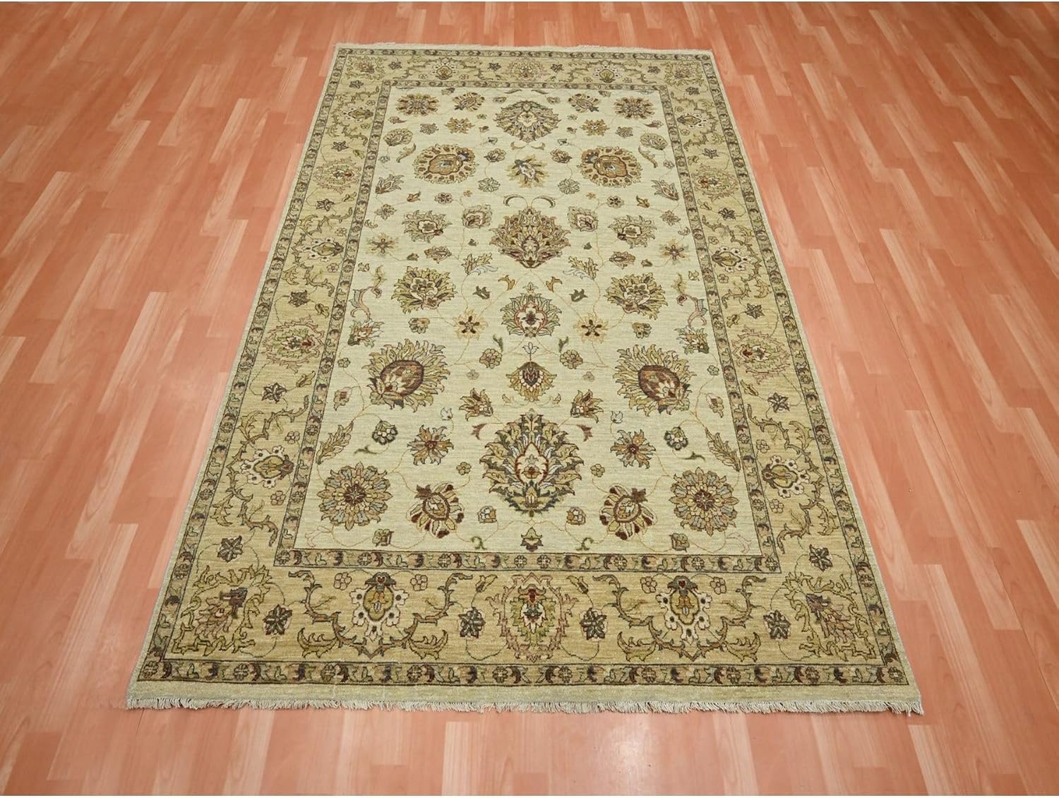 Hand Knotted Oriental Rug, Ivory, Pure Wool, 5'6"x8'1", Agra Ziegler Design with Colorful Leaf Pattern