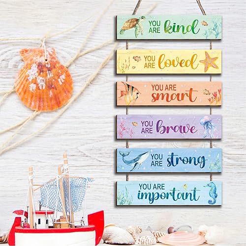 Miniatura 4 de 6 piezas de decoración de océano para habitación de niños, letrero colgante con acuarela, océano, citas positivas inspiradoras, decoración de pared