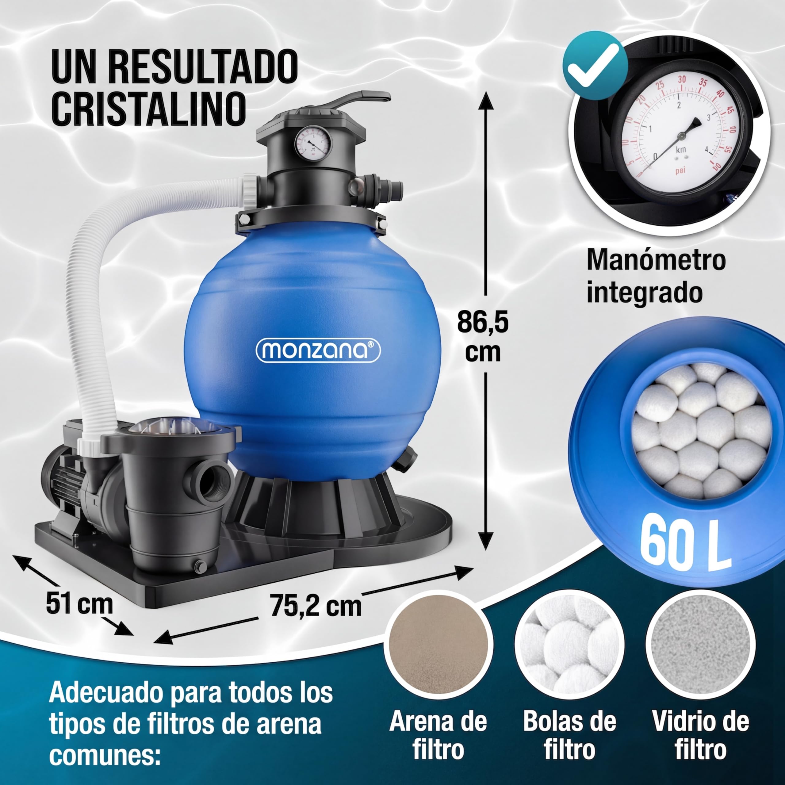 Monzana® Depuradora Piscina 15.900L/h Filtro de Arena hasta 70.000L Válvula 7 Funciones Filtrado 600W Adaptador Ø32-38mm Bomba Indicador de Presión