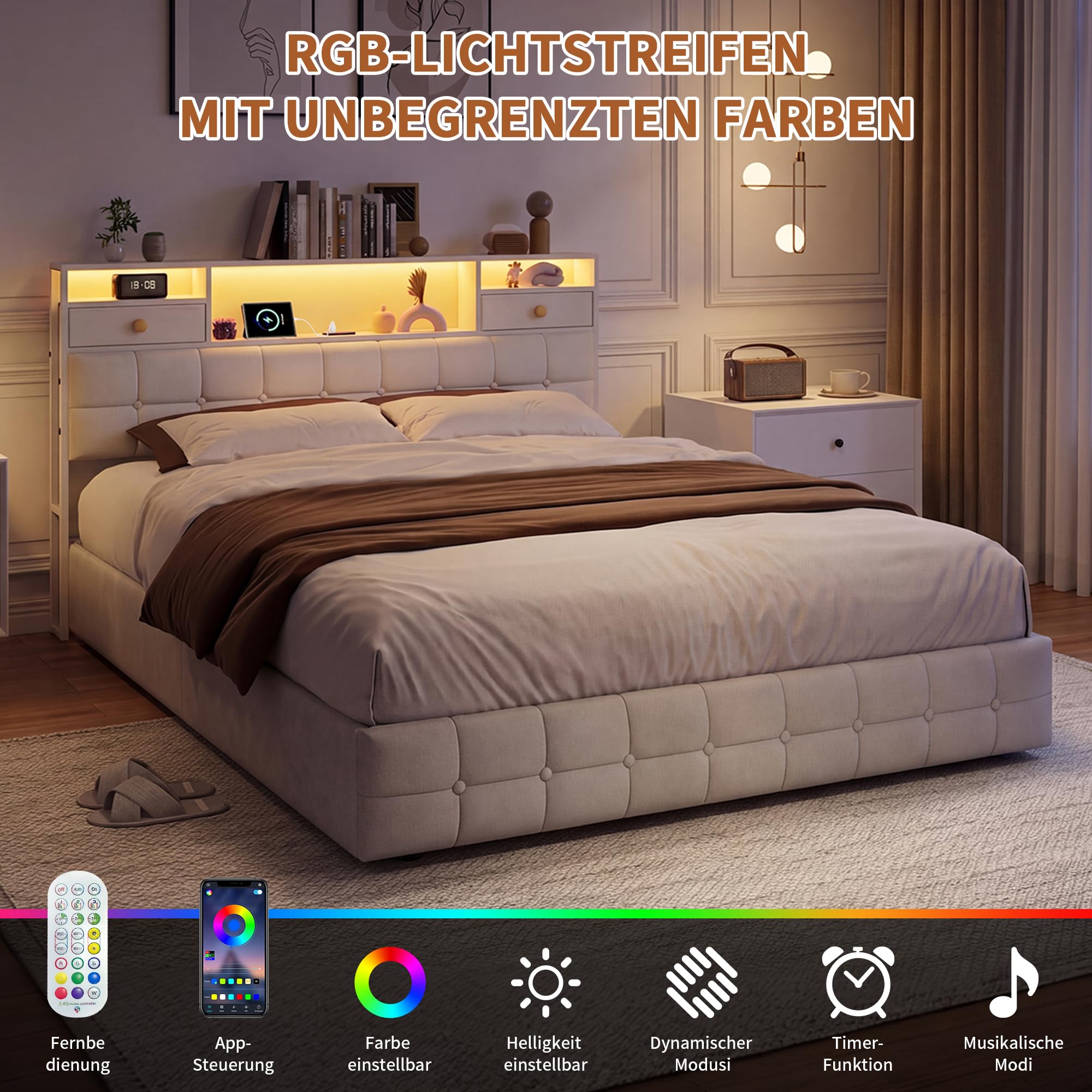 Letto imbottito 160 x 200 cm con LED e USB, telaio del letto con 4 cassetti, letto per adolescenti 160 x 200 cm con vano contenitore, letto matrimoniale con rete a doghe, telaio del letto