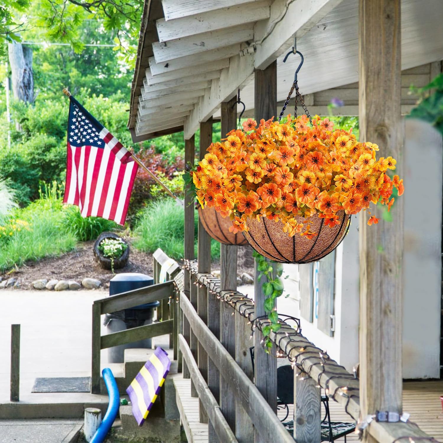 Orgrimmar 2 Pack Artificial Fall Mums Hanging Basket - UV Resistant Fake Hanging Plants with Realistic Silk Mums & Eucalyptus, Coconut Lining Baskets for Home Porch Balcony Patio Yard (Orange) - Image 7