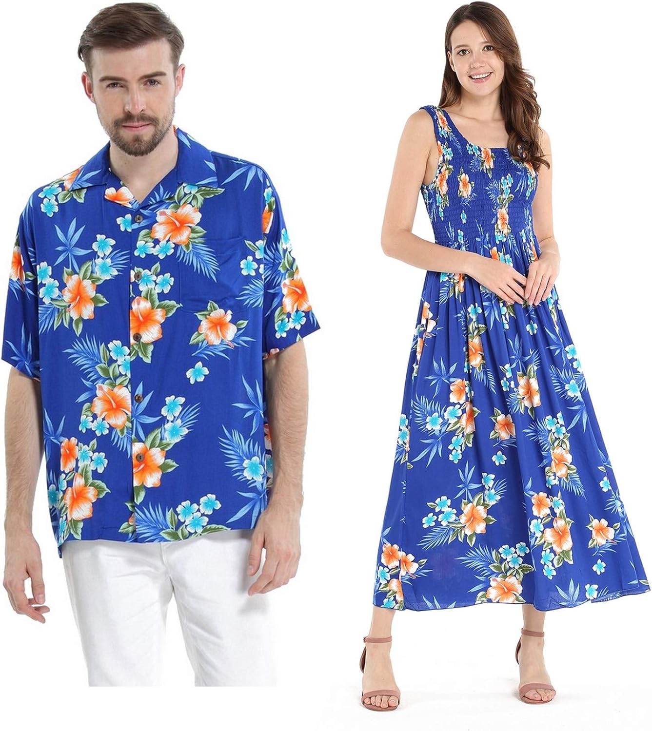 Couple Matching Hawaiian Luau Aloha Shirt Maxi Tank Dress in Hibiscus