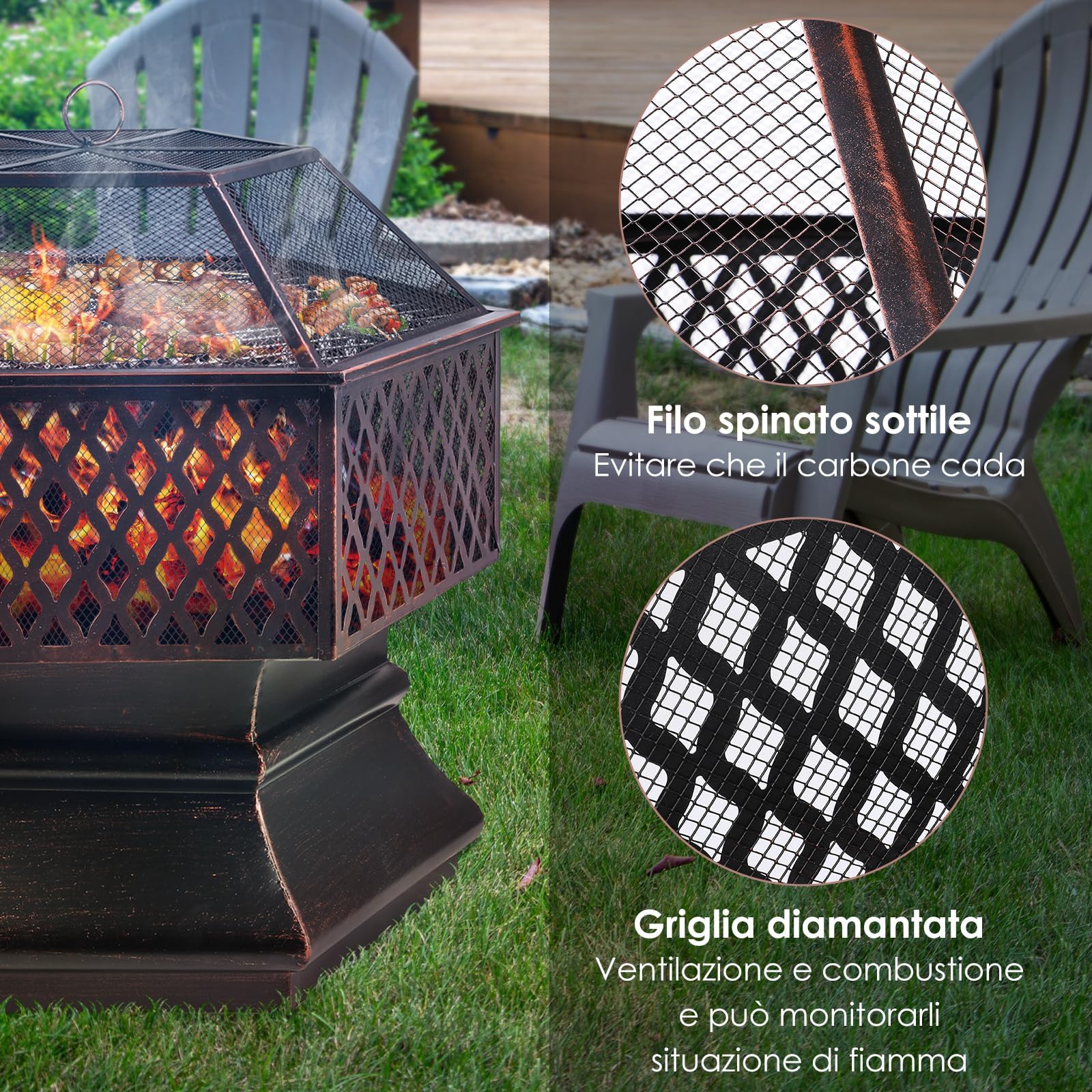 TLSUNNY Braciere da Esterno con Griglia, Braciere da Giardino, 66x66x63 cm | Braciere in Metallo con Parascintille, Griglia a Carbone e Attizzatoio, per Terrazza da Campeggio, Riscaldamento, Campeggio